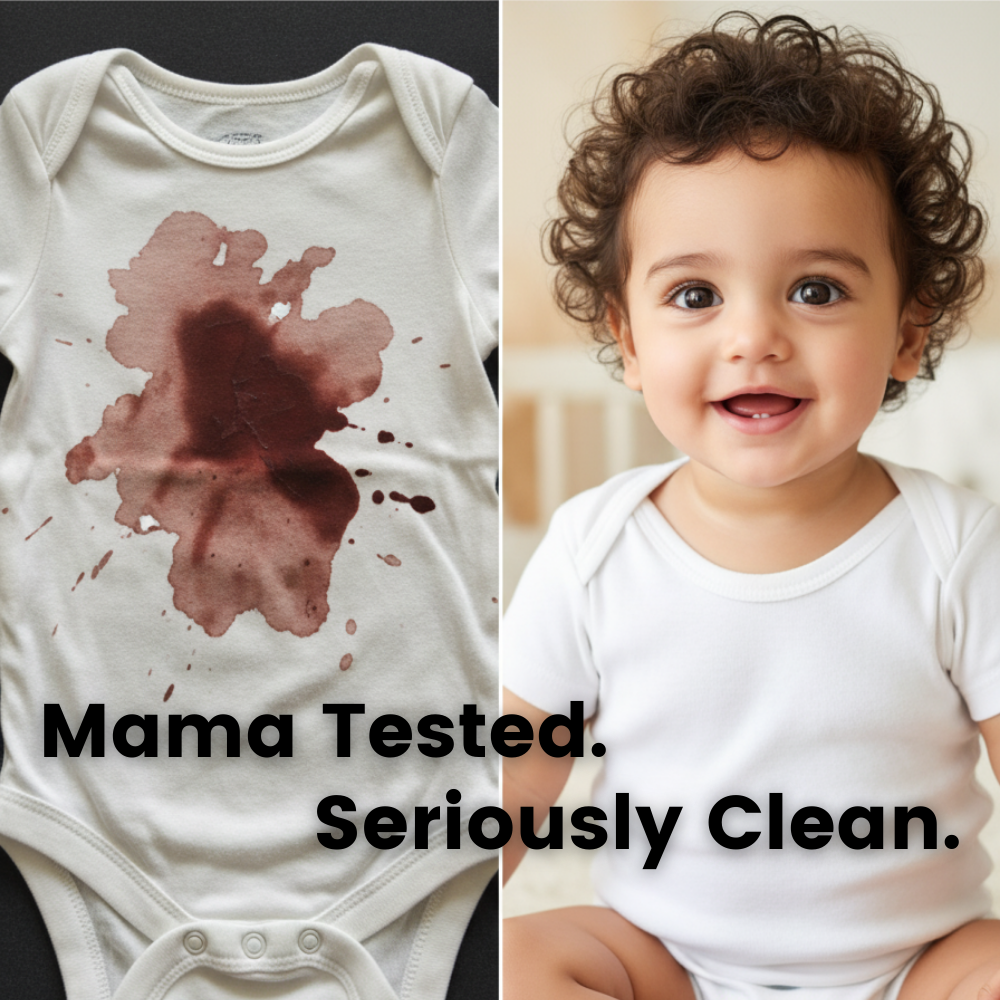 White baby onesie with brown stain labeled 'Mama Tested. Seriously Clean.' next to a smiling baby.