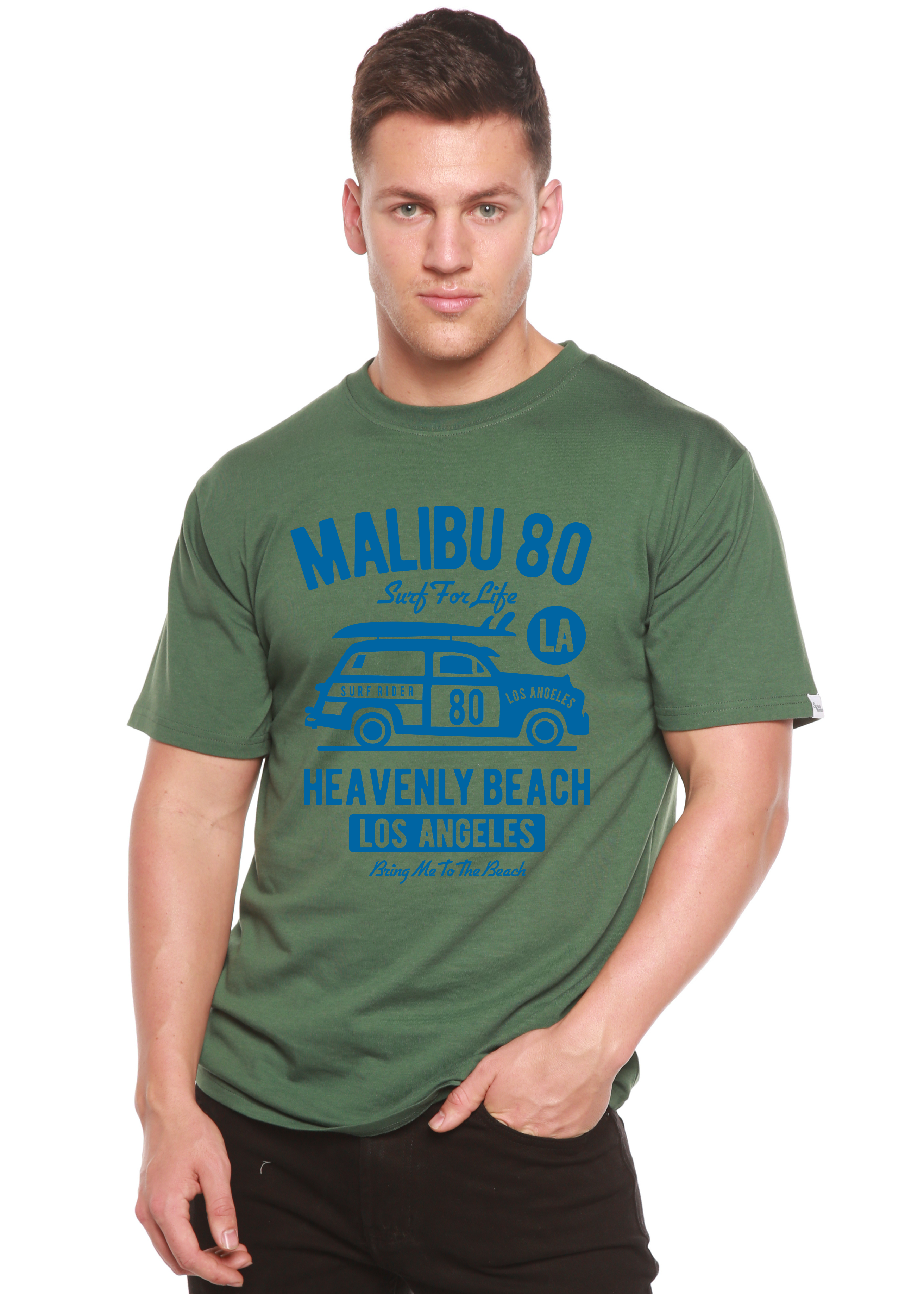 Person wearing a green t-shirt with blue text and graphics on a white background
