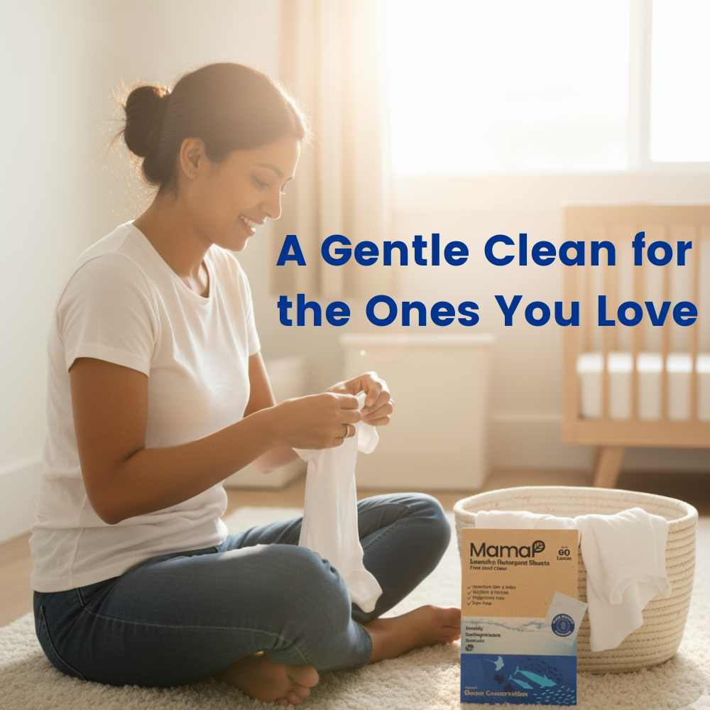 Woman sitting on the floor with a box of MamaP, a brand of disposable diapers, in a home setting.