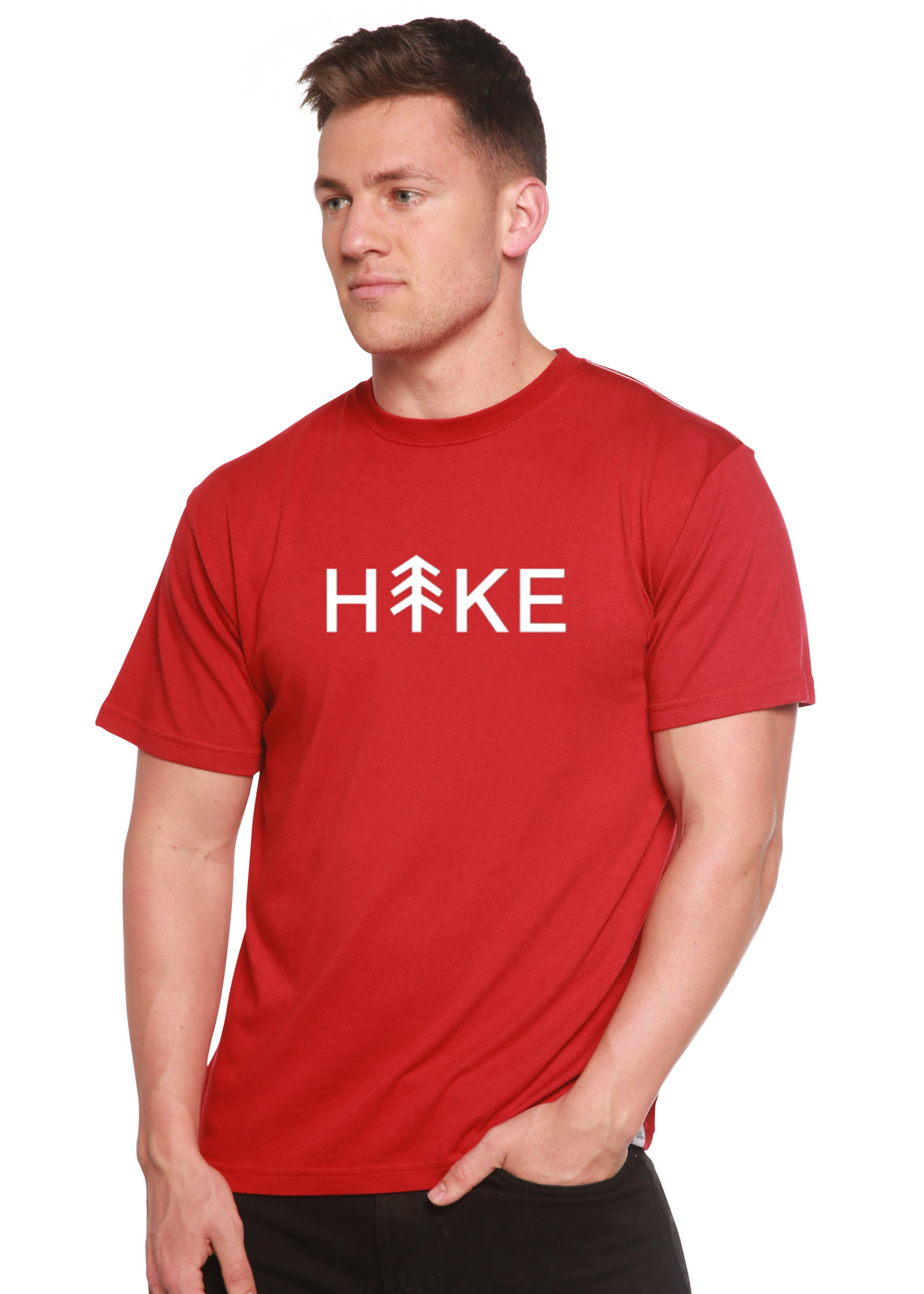 Person wearing a red t-shirt with 'Hike' printed on it against a white background