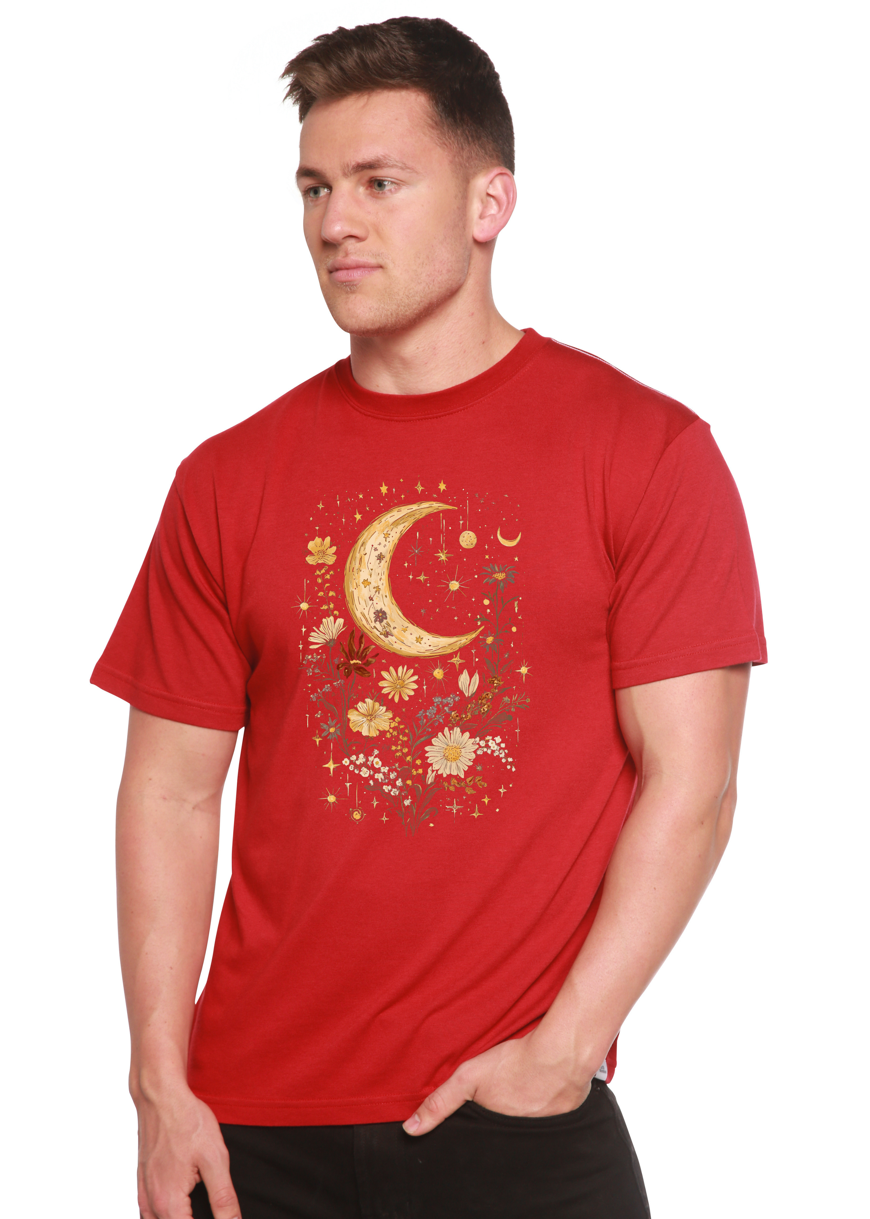 Person wearing a red t-shirt with a celestial design on a white background
