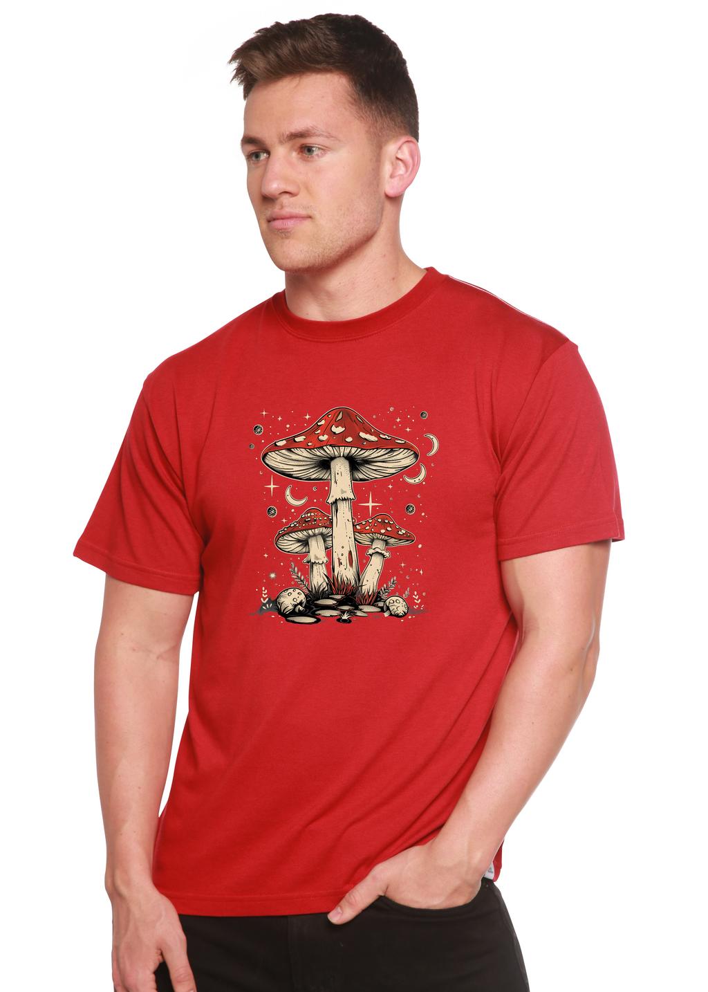 Person wearing a red t-shirt with a mushroom graphic design on a white background