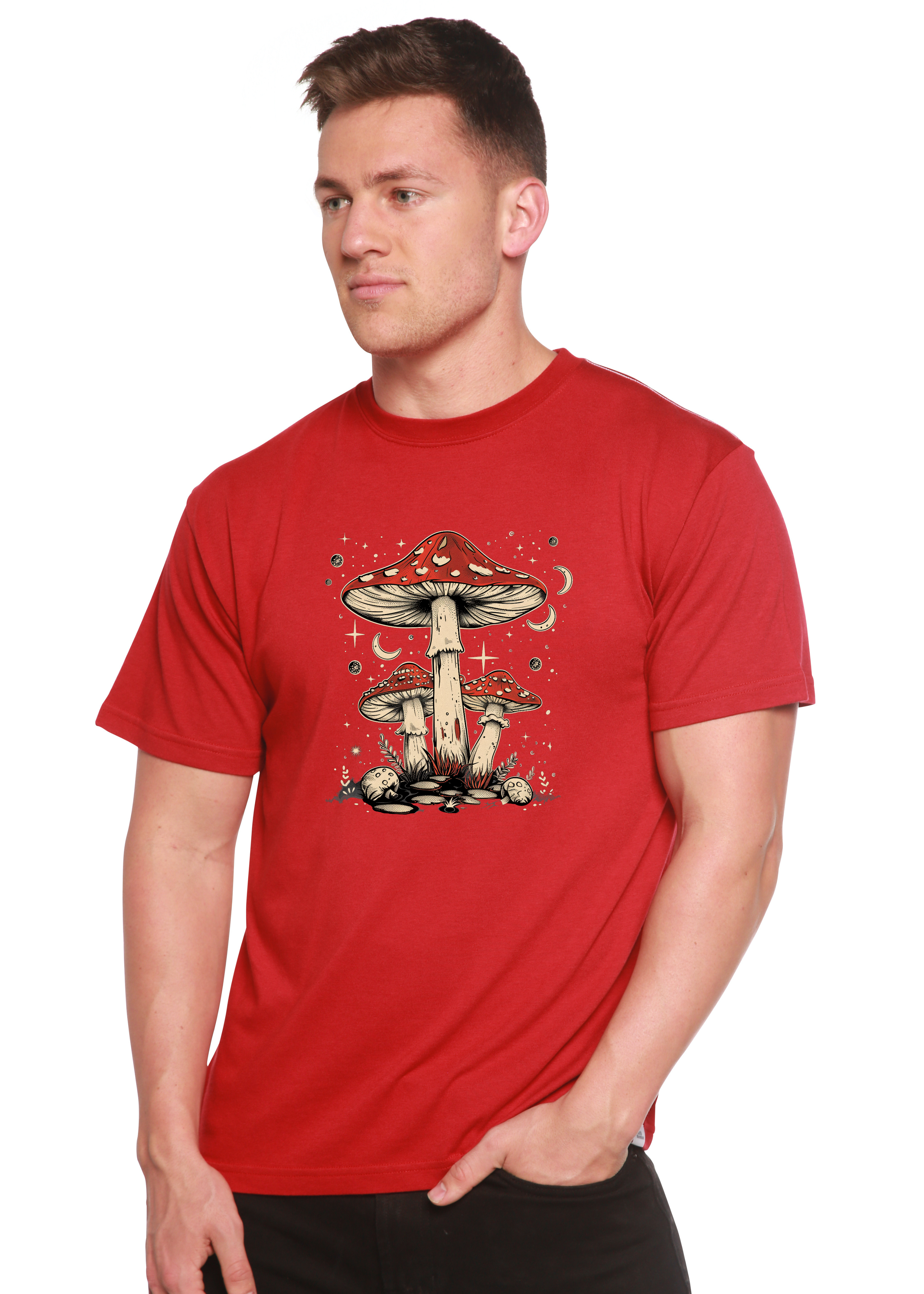 Person wearing a red t-shirt with a mushroom graphic design on a white background