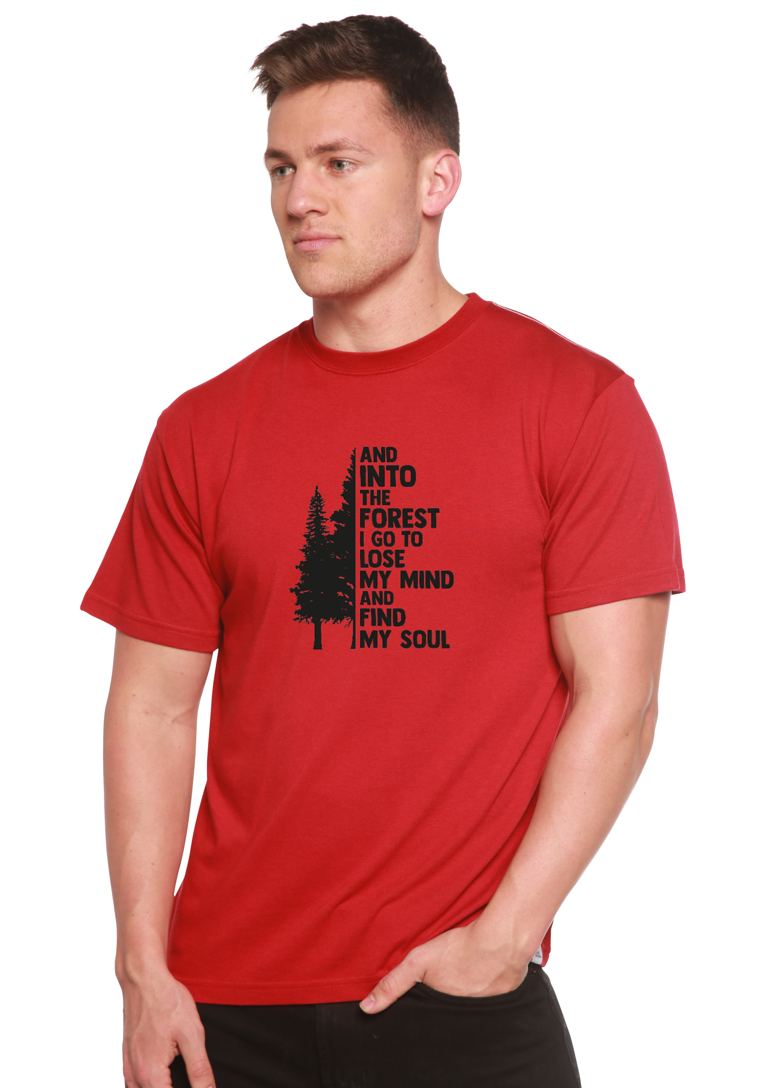 Person wearing a red t-shirt with black text and graphic on a white background