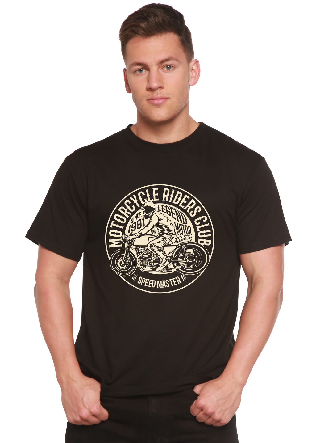 Person wearing a black t-shirt with a motorcycle graphic and text on a white background