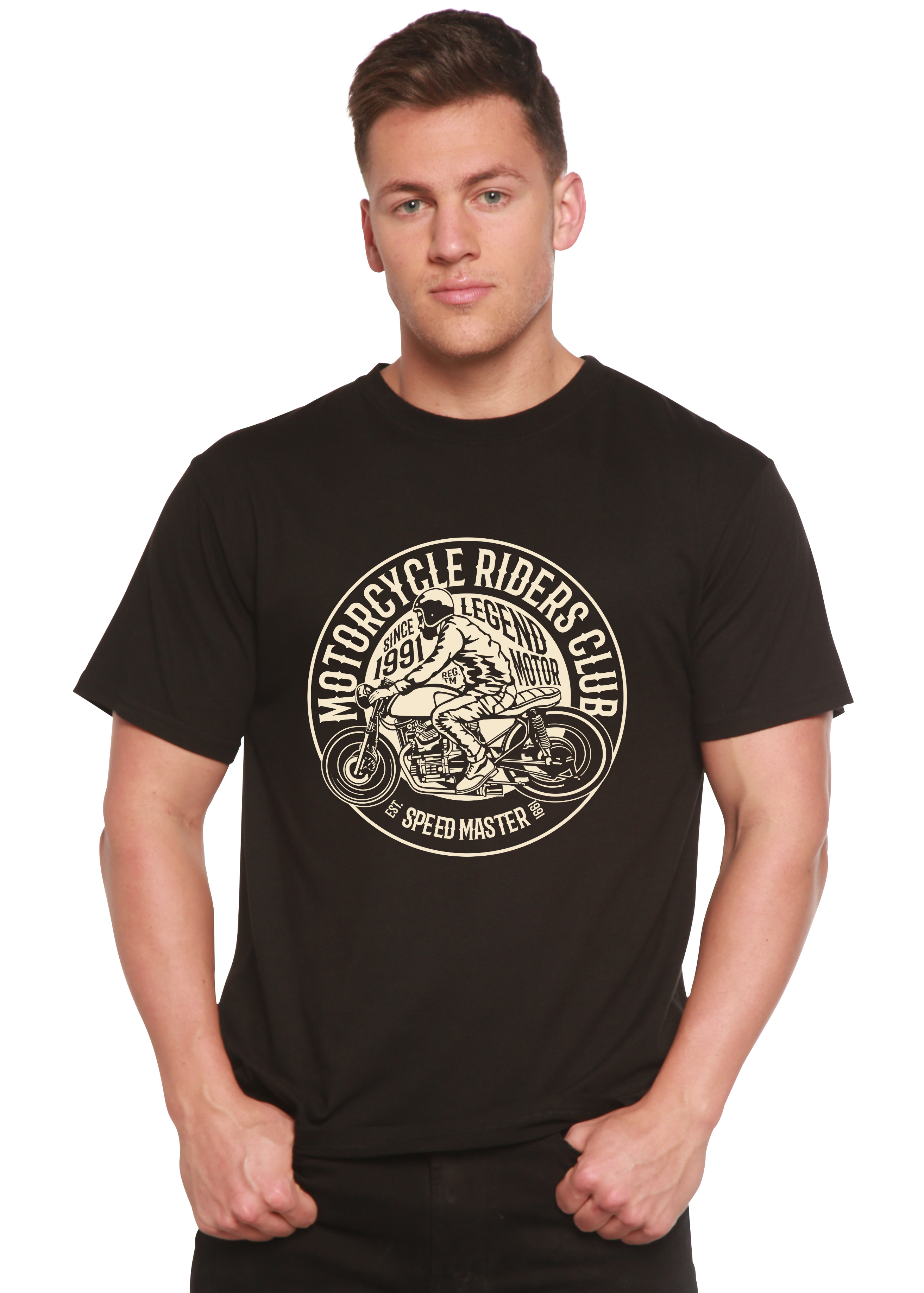 Person wearing a black t-shirt with a motorcycle graphic and text on a white background