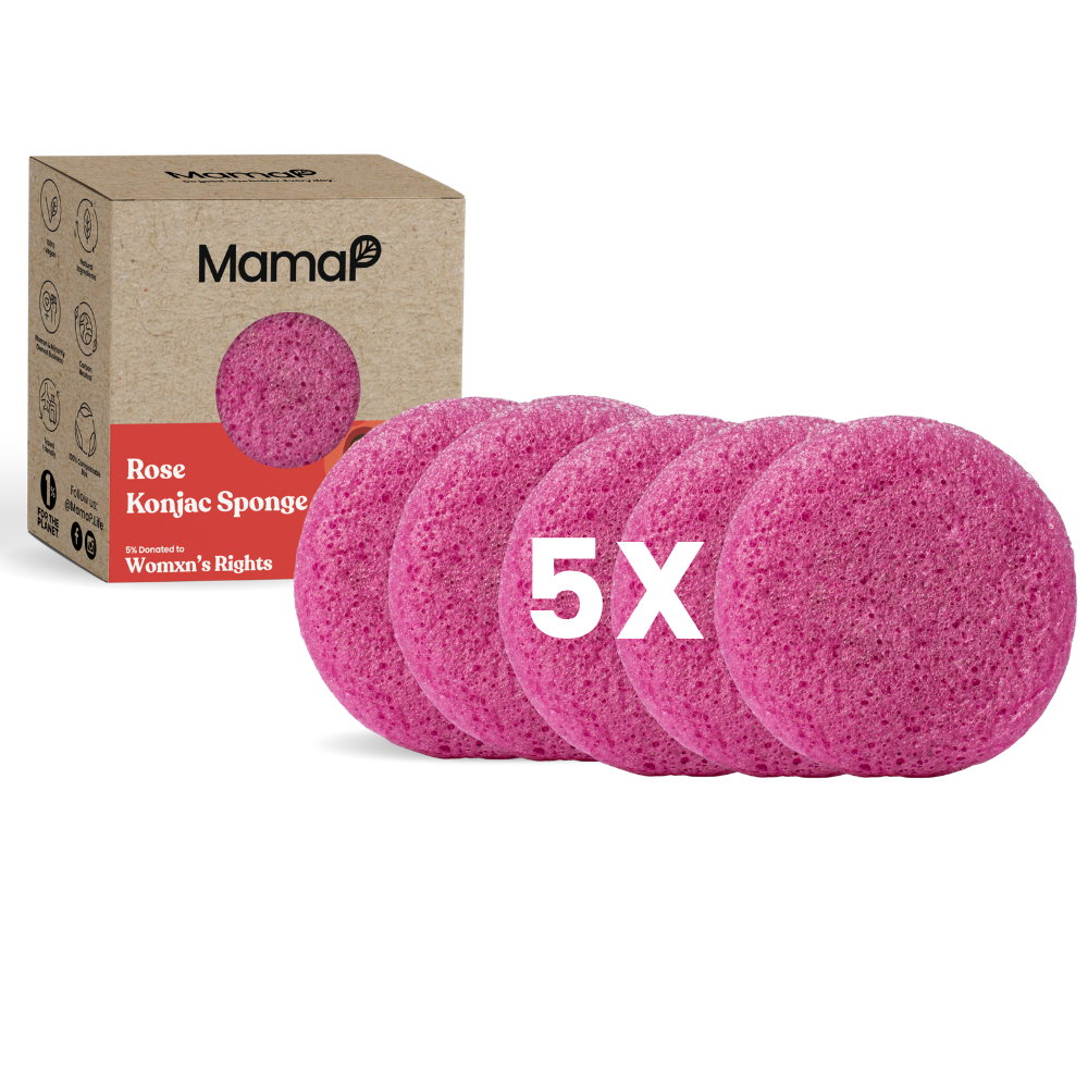Set of pink Rose Konjac sponges with a box labeled 'MamaP' on a white background