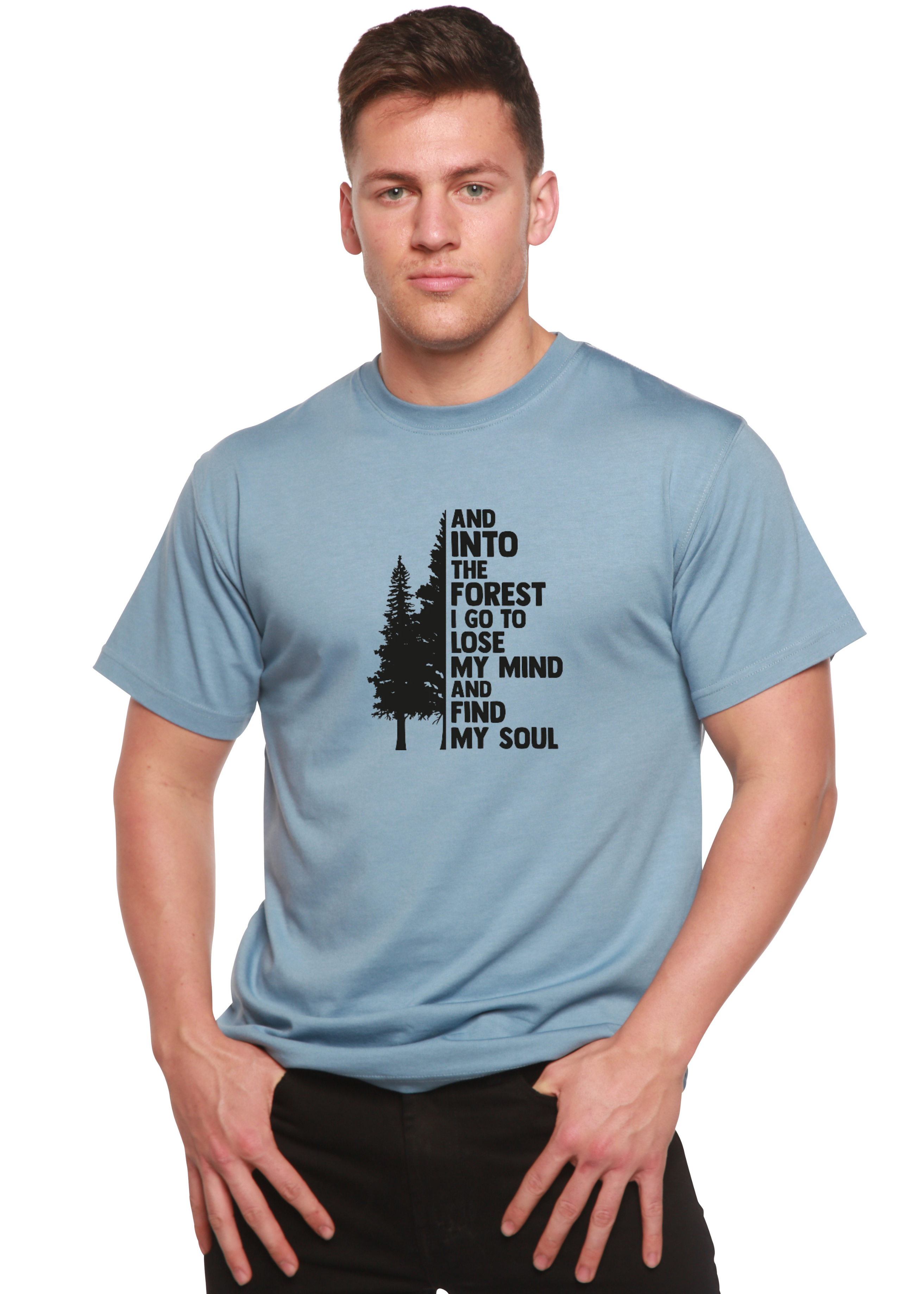 Person wearing a light blue t-shirt with a black graphic and text on a white background