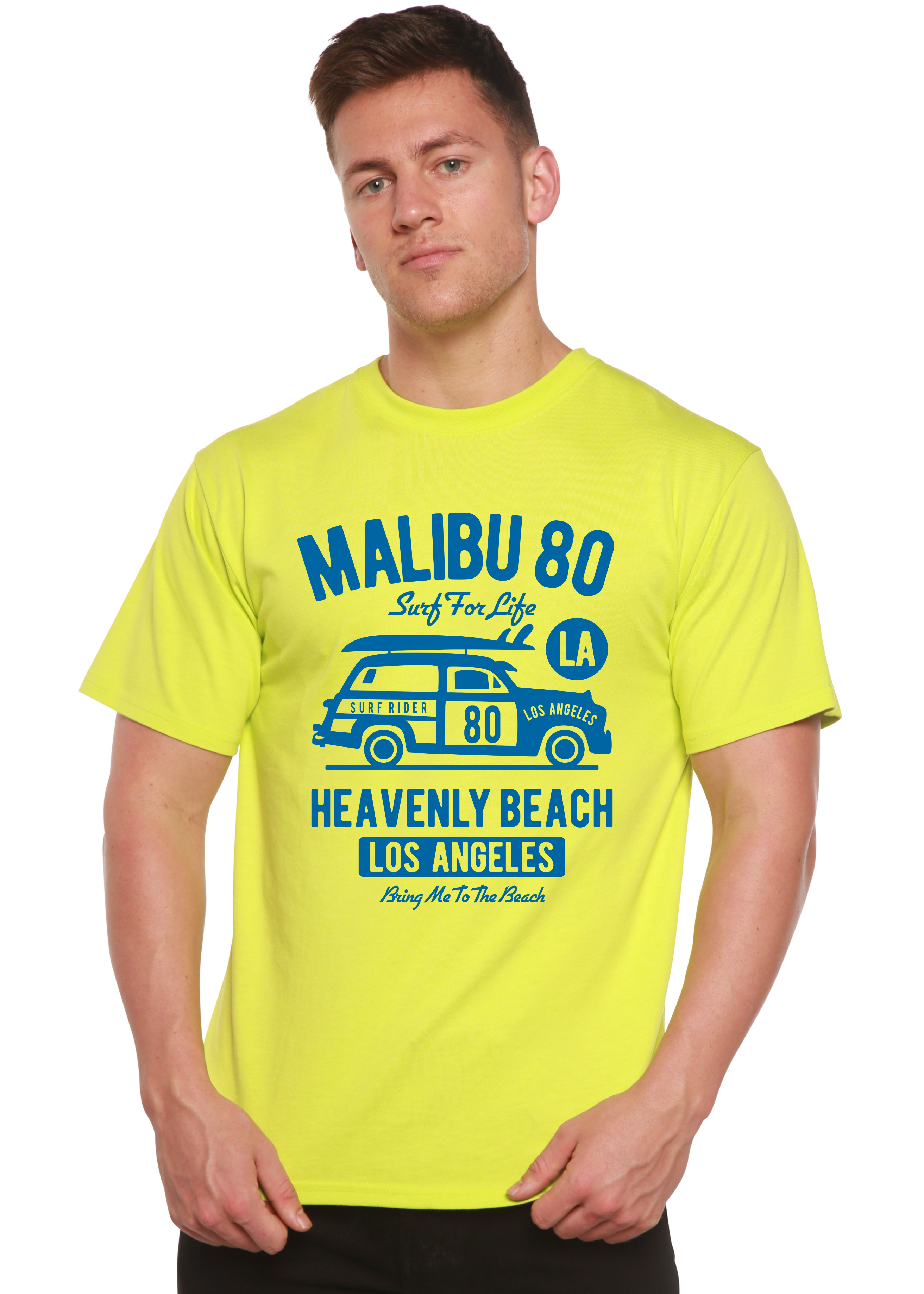 Person wearing a bright yellow t-shirt with blue text and graphics on a white background
