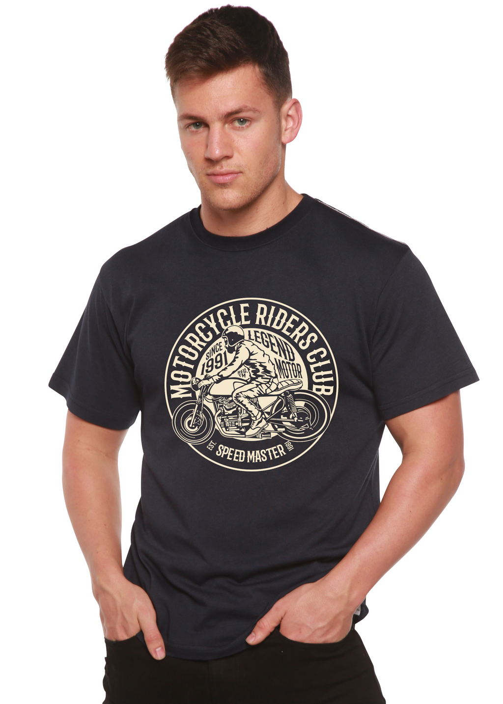 Person wearing a black t-shirt with a motorcycle graphic and text.