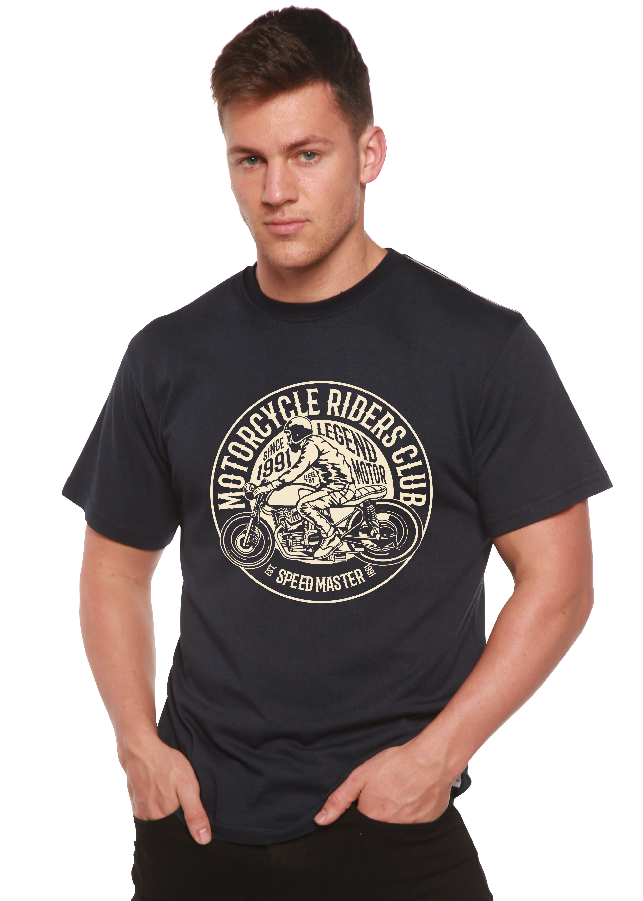 Person wearing a black t-shirt with a motorcycle graphic and text.