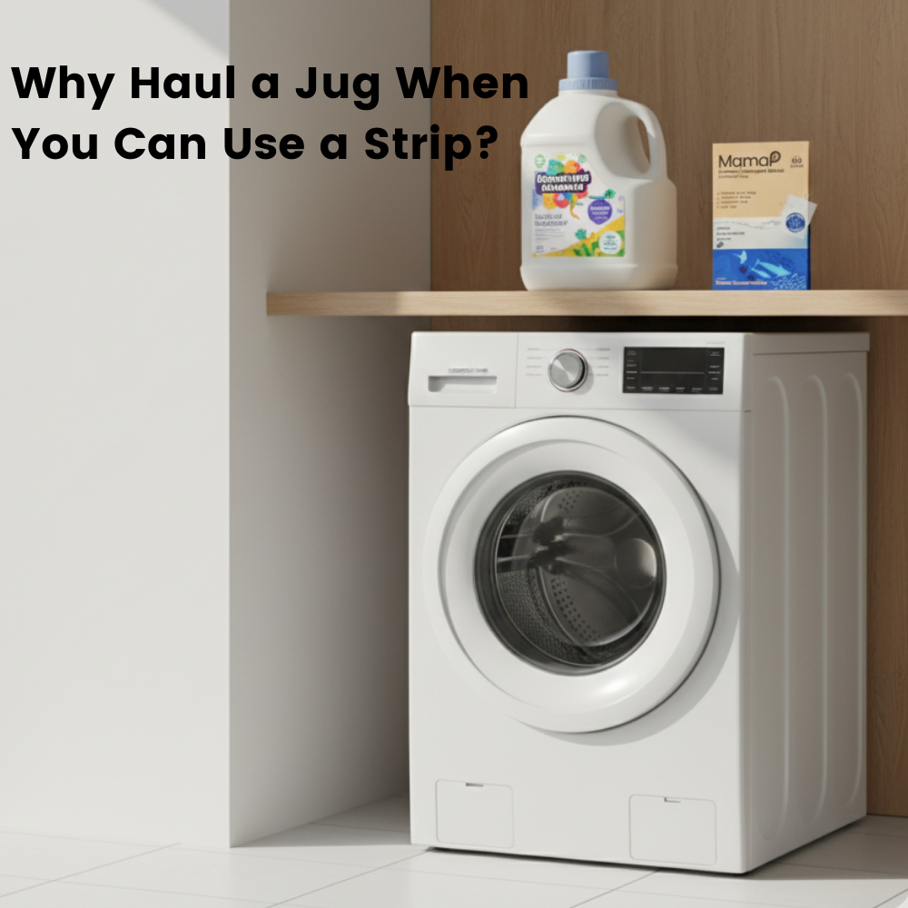 White washing machine with laundry detergent in a jug next to a container with laundry detergent strips on a shelf above it.