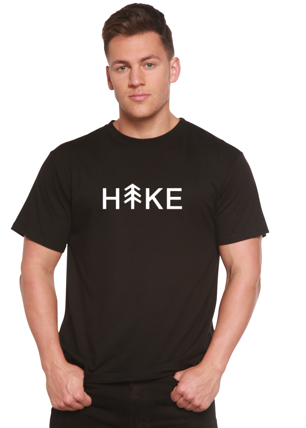 Person wearing a black t-shirt with 'Hike' printed on it against a white background