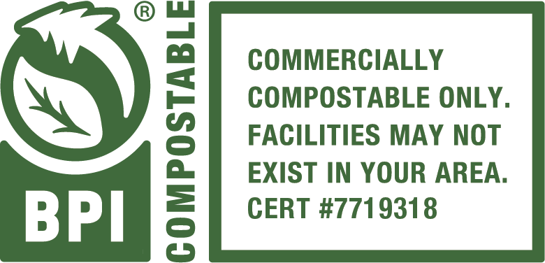 BPI compostable logo with text indicating commercially compostable only.
