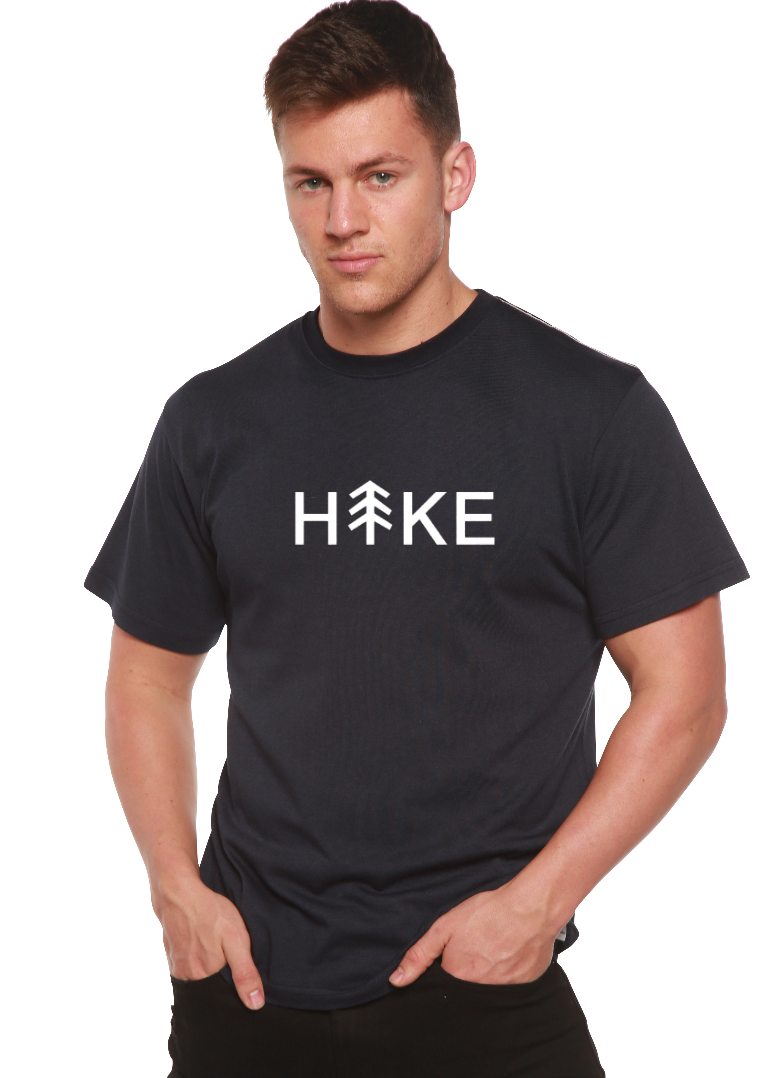 Person wearing a black t-shirt with 'Hike' printed on it against a white background