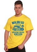 Person wearing a yellow t-shirt with 'Malibu 80' text and graphic on a white background