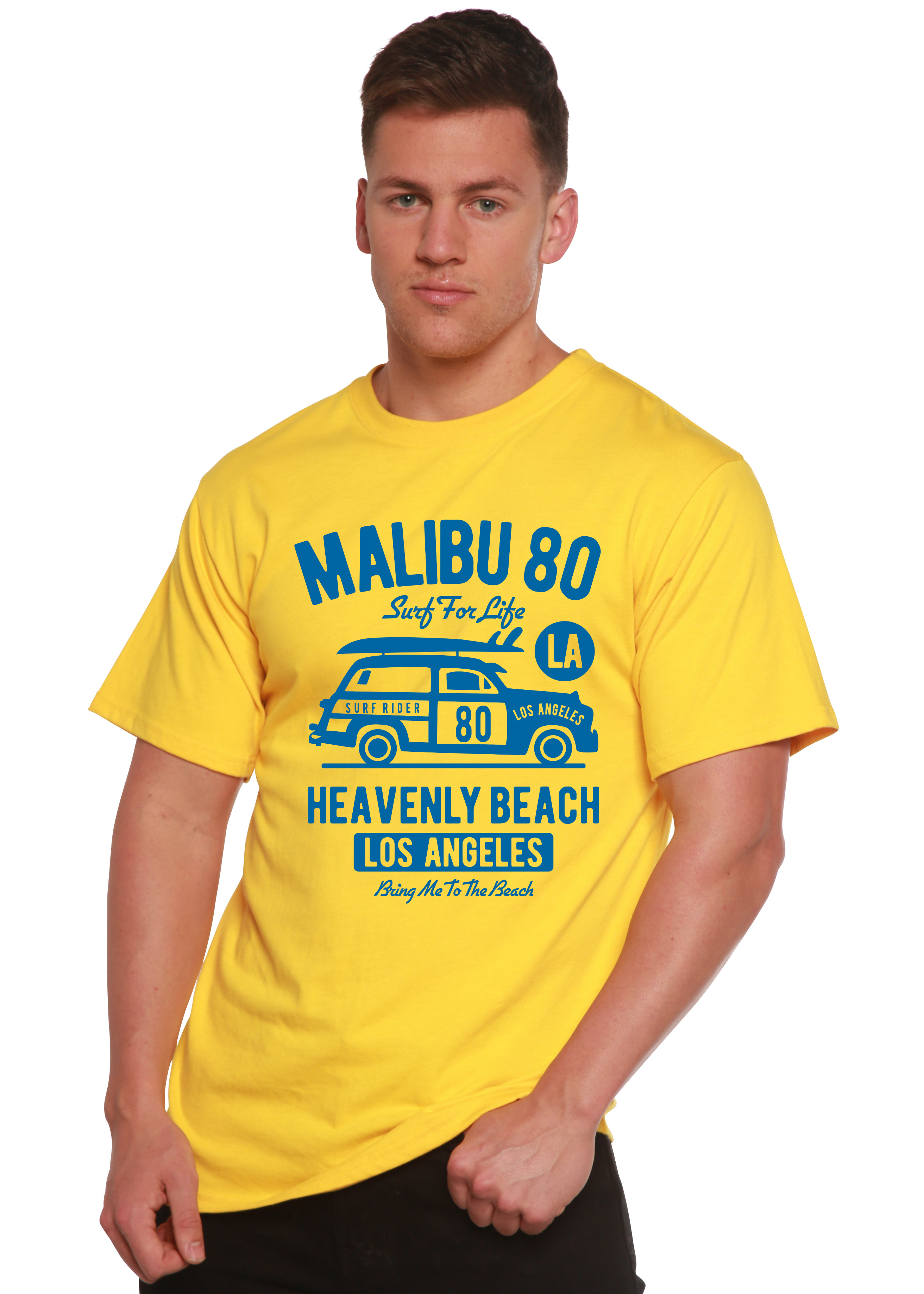 Person wearing a yellow t-shirt with 'Malibu 80' text and graphic on a white background