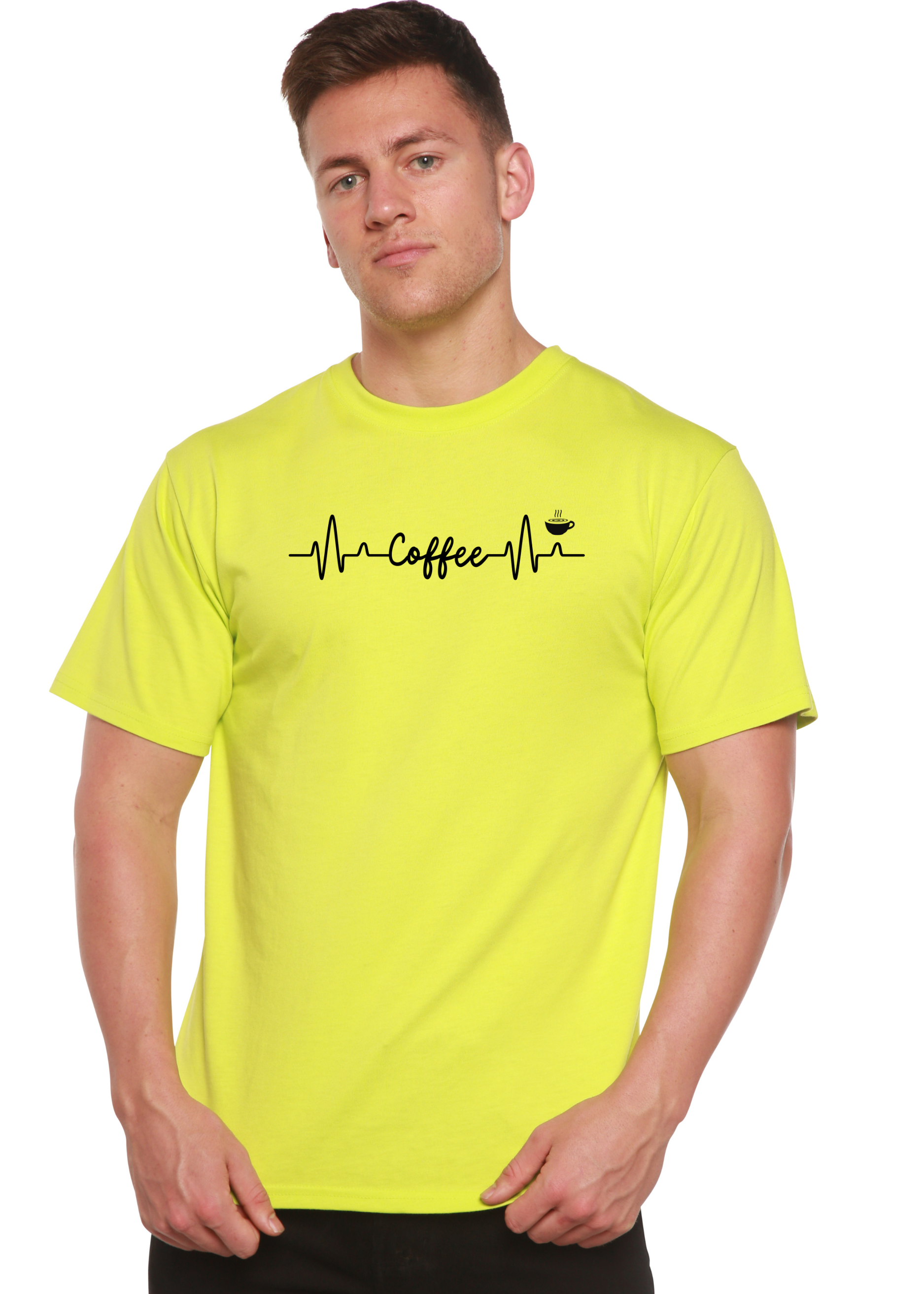 Person wearing a bright yellow t-shirt with a coffee-themed design on a white background