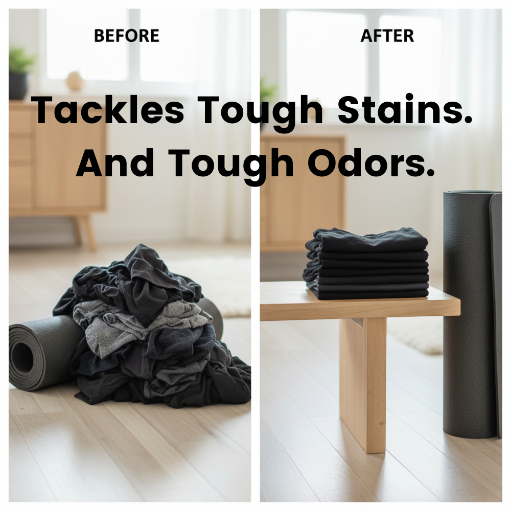 Before and after comparison of clothes on a floor and folded on a table with text 'Tackles Tough Stains. And Tough Odors.'