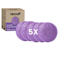 Five purple konjac sponges with a box labeled 'MamaP' on a white background.