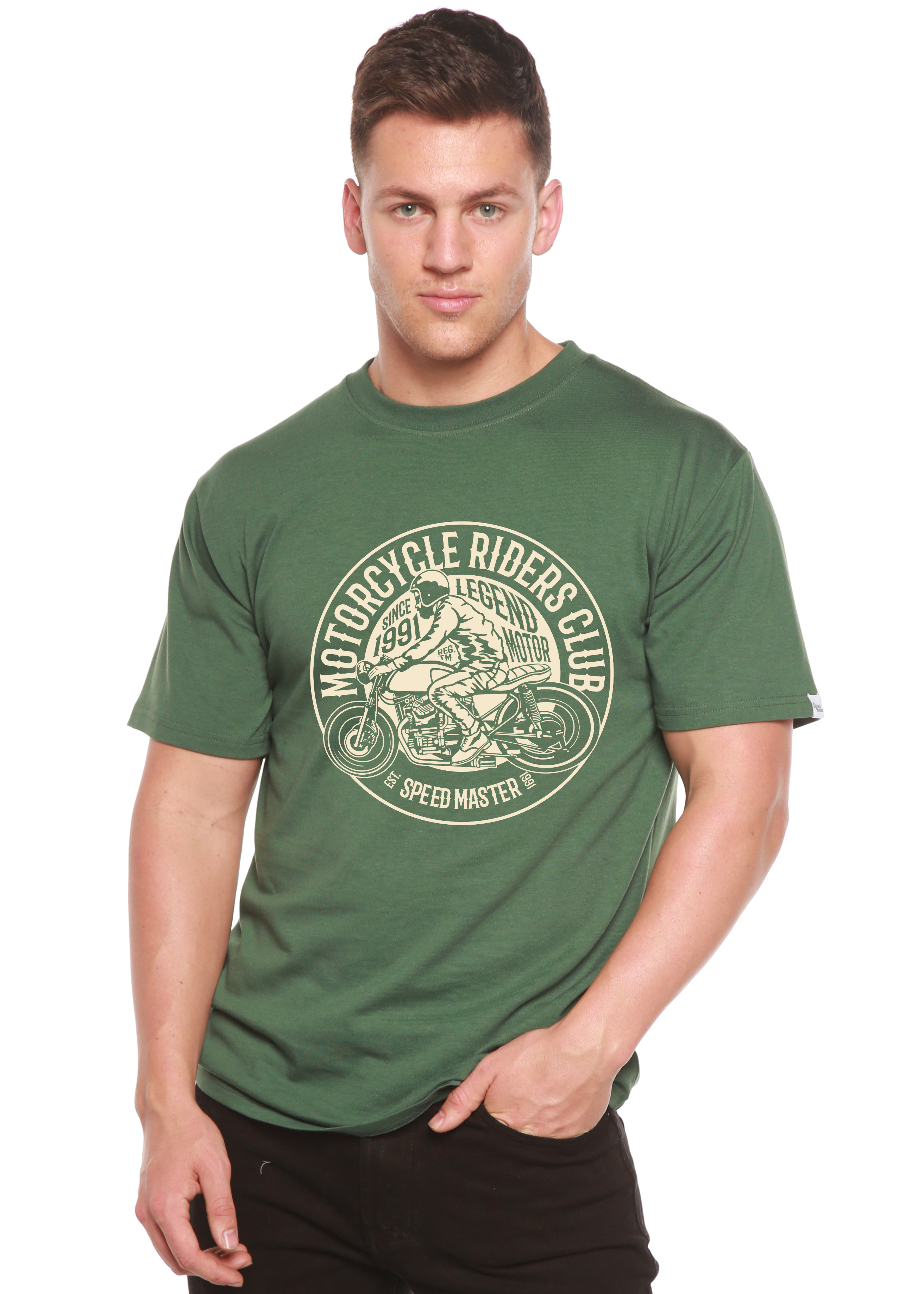 Person wearing a green t-shirt with a motorcycle graphic and text on a white background
