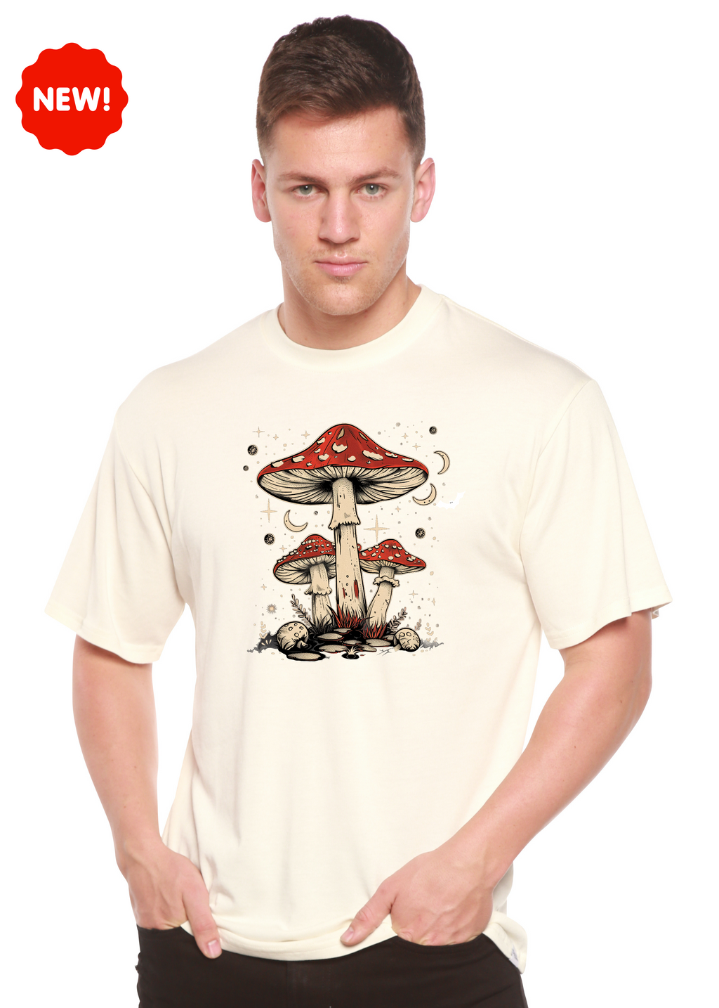 Person wearing a t-shirt with mushroom design on a white background