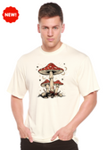 Person wearing a t-shirt with mushroom design on a white background