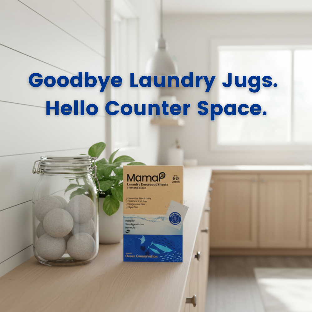 Kitchen counter with laundry detergent sheets packaging and a jar, with text 'Goodbye Laundry Jugs. Hello Counter Space.'