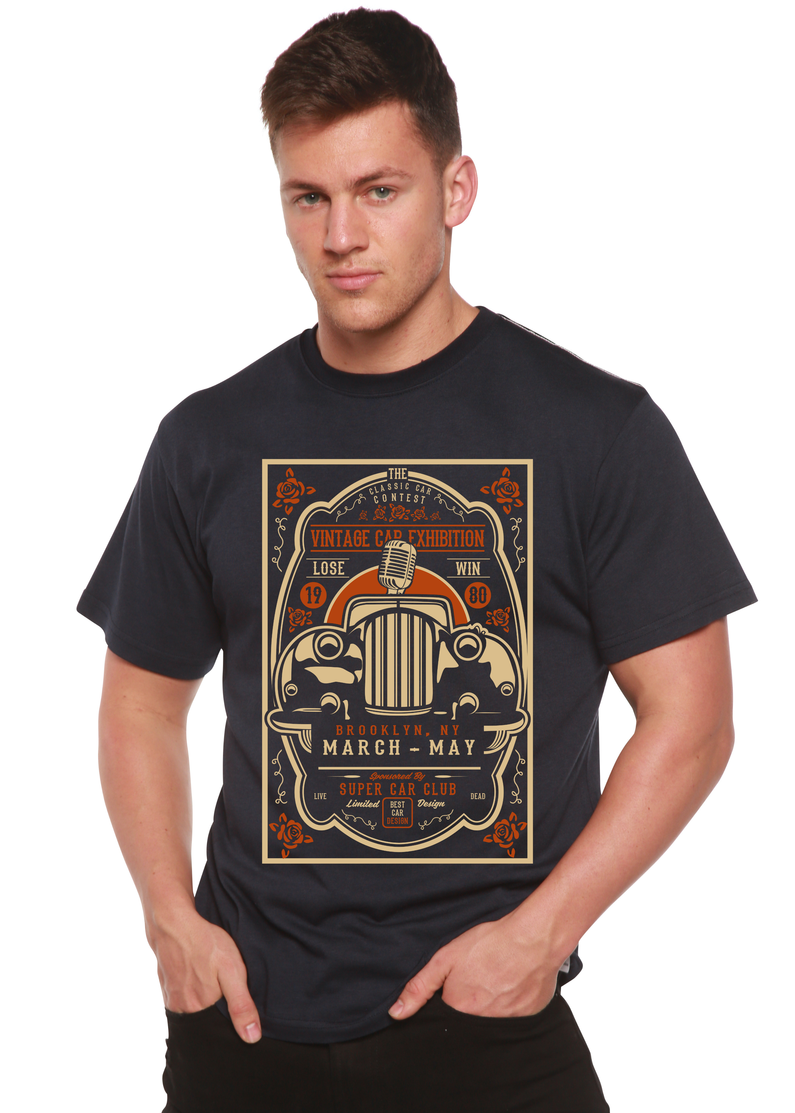 Person wearing a navy bule t-shirt with vintage car design on a white background