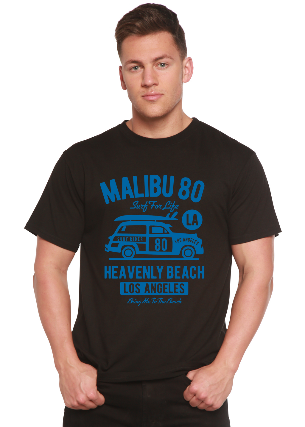 Person wearing a black t-shirt with blue graphic and text on a white background