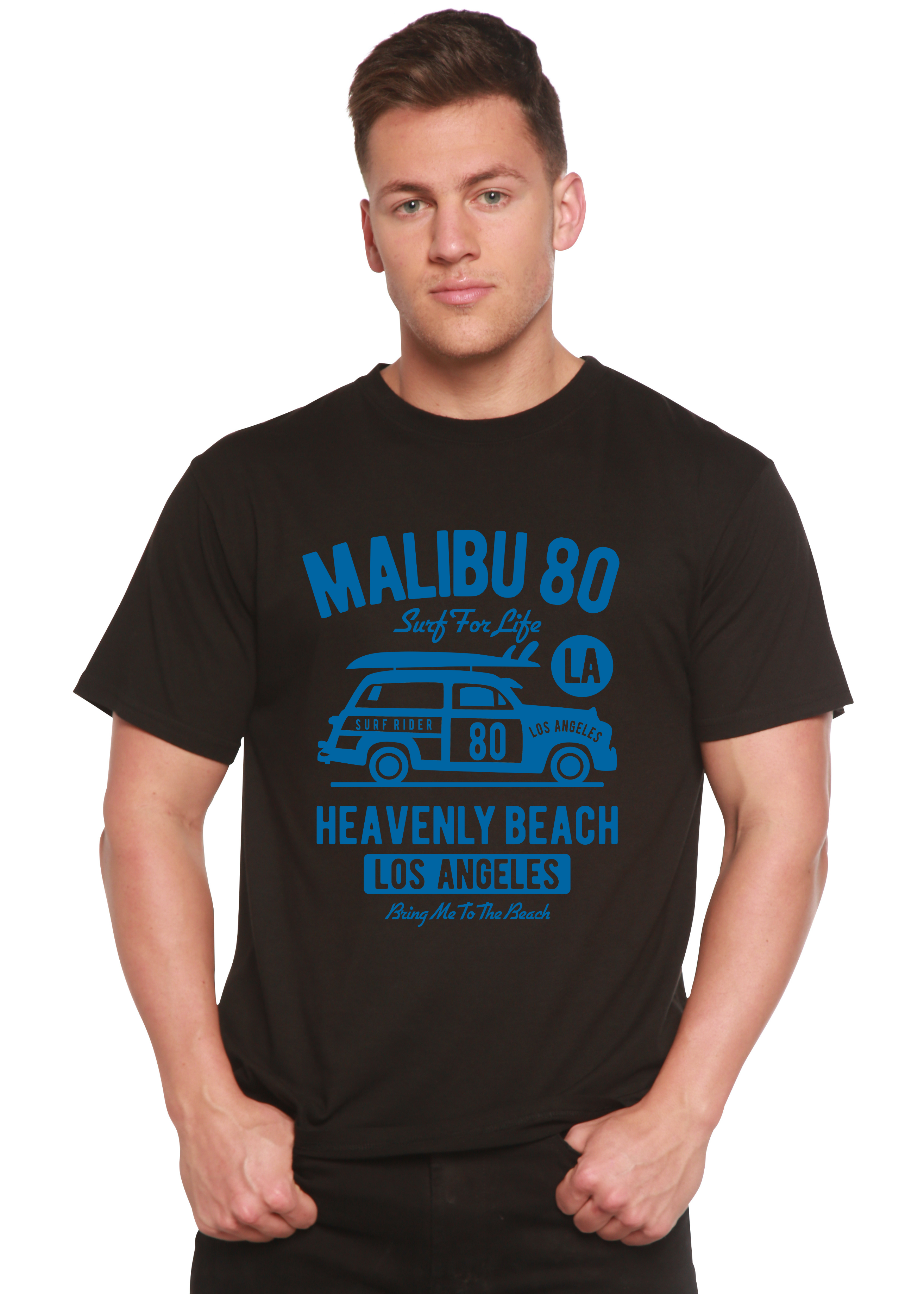 Person wearing a black t-shirt with blue graphic and text on a white background