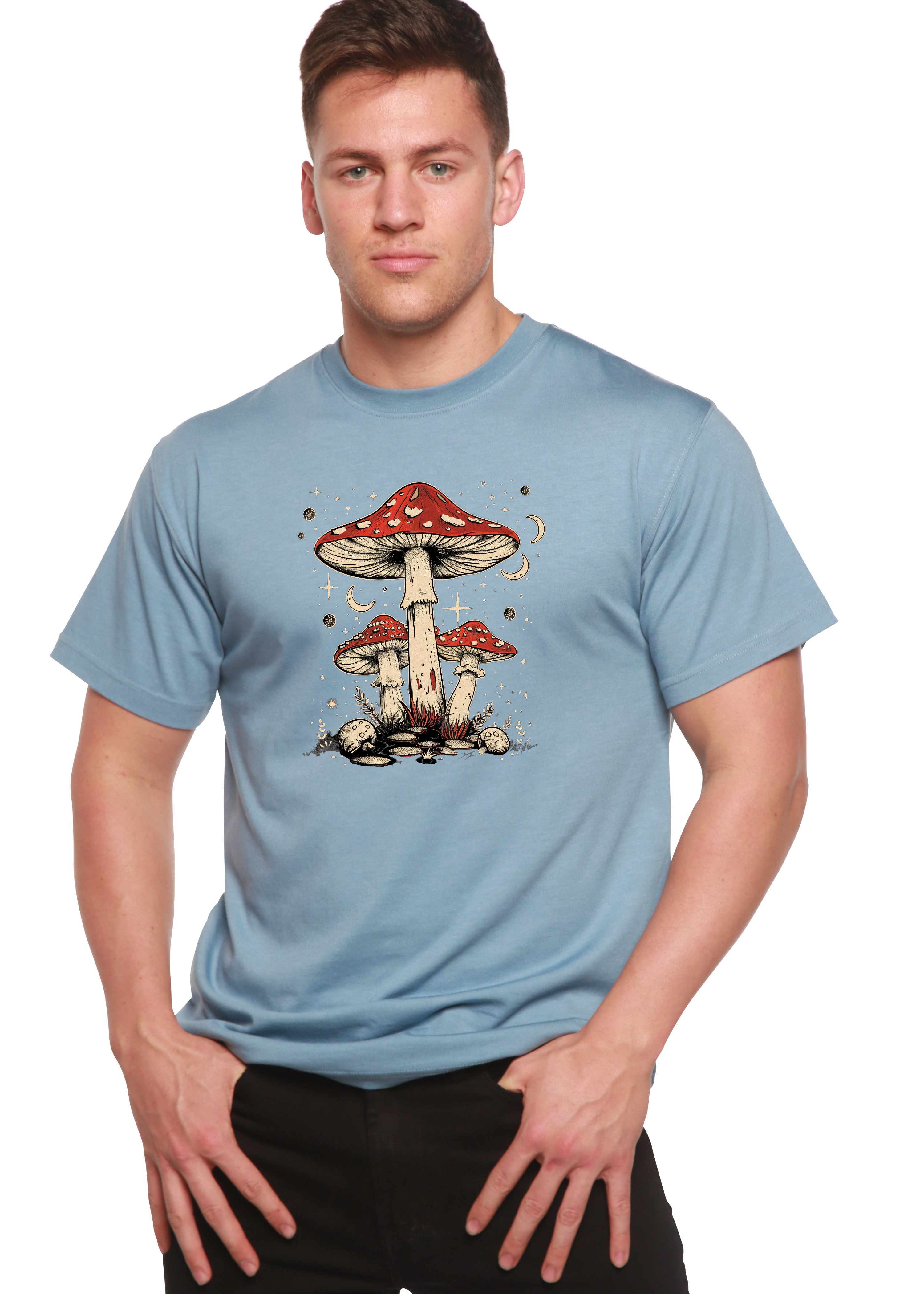Person wearing a light blue t-shirt with a mushroom design on a white background