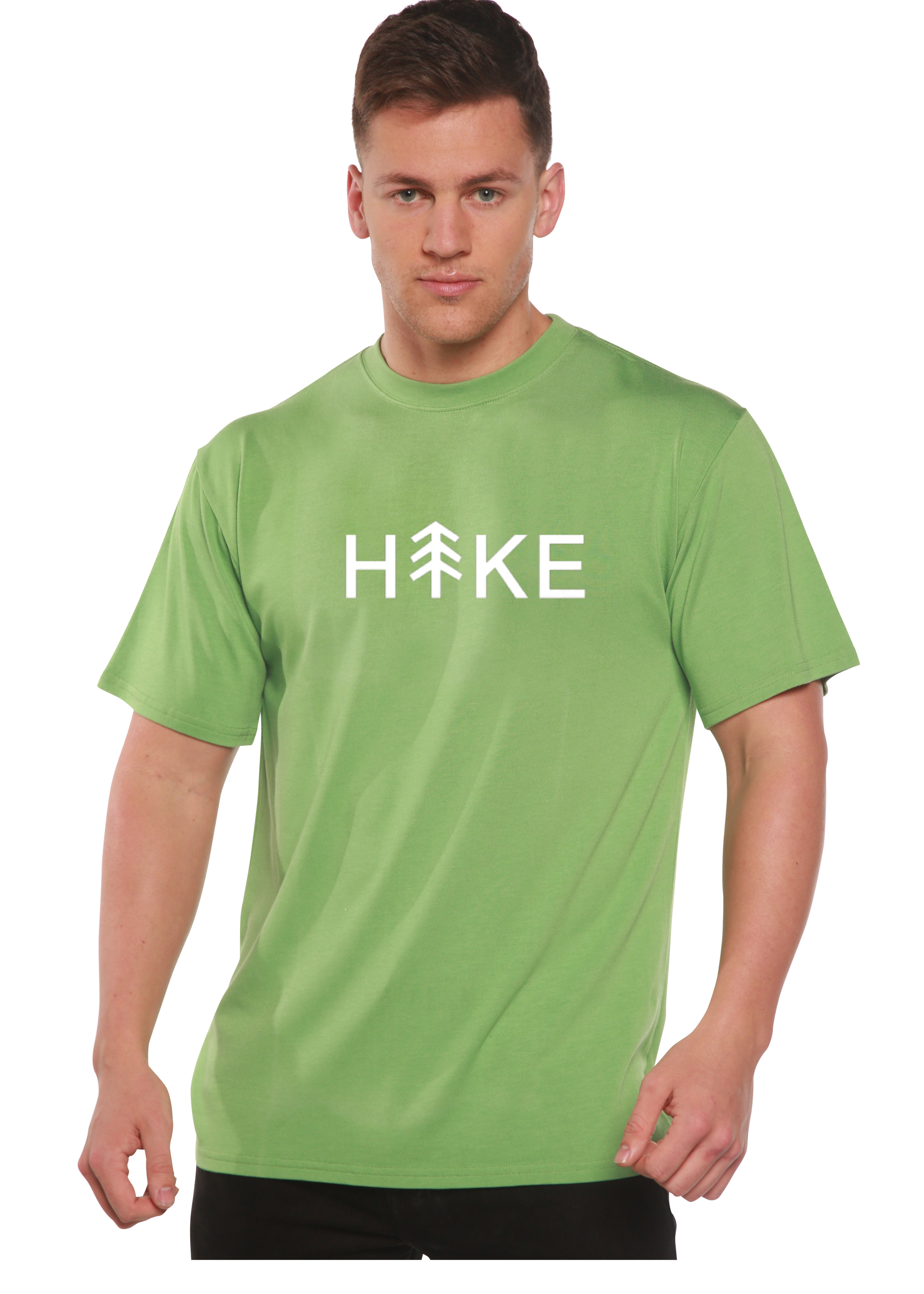 Person wearing a green t-shirt with 'Hike' printed on it against a white background