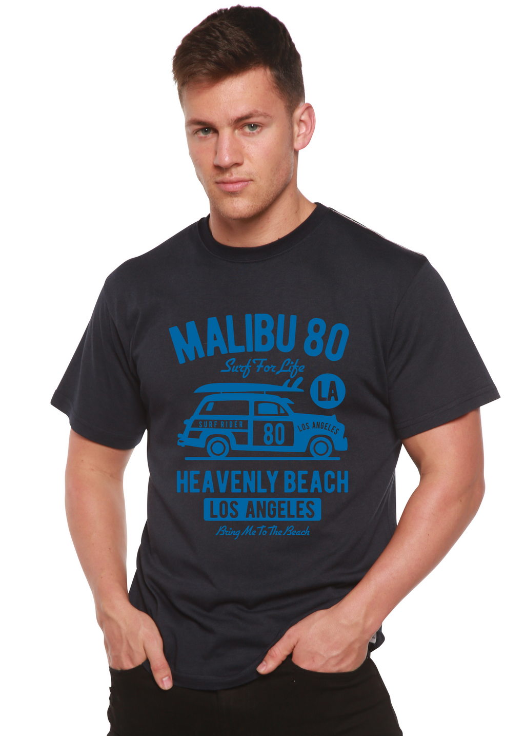 Person wearing a black t-shirt with blue text and graphics on a white background