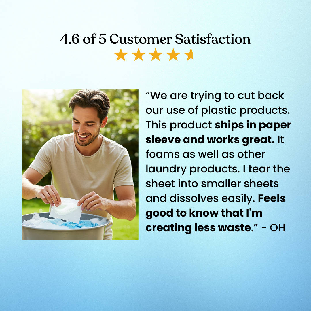 Man using a product outdoors with customer satisfaction text overlay