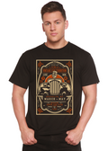 Person wearing a black t-shirt with a vintage car graphic design on a white background