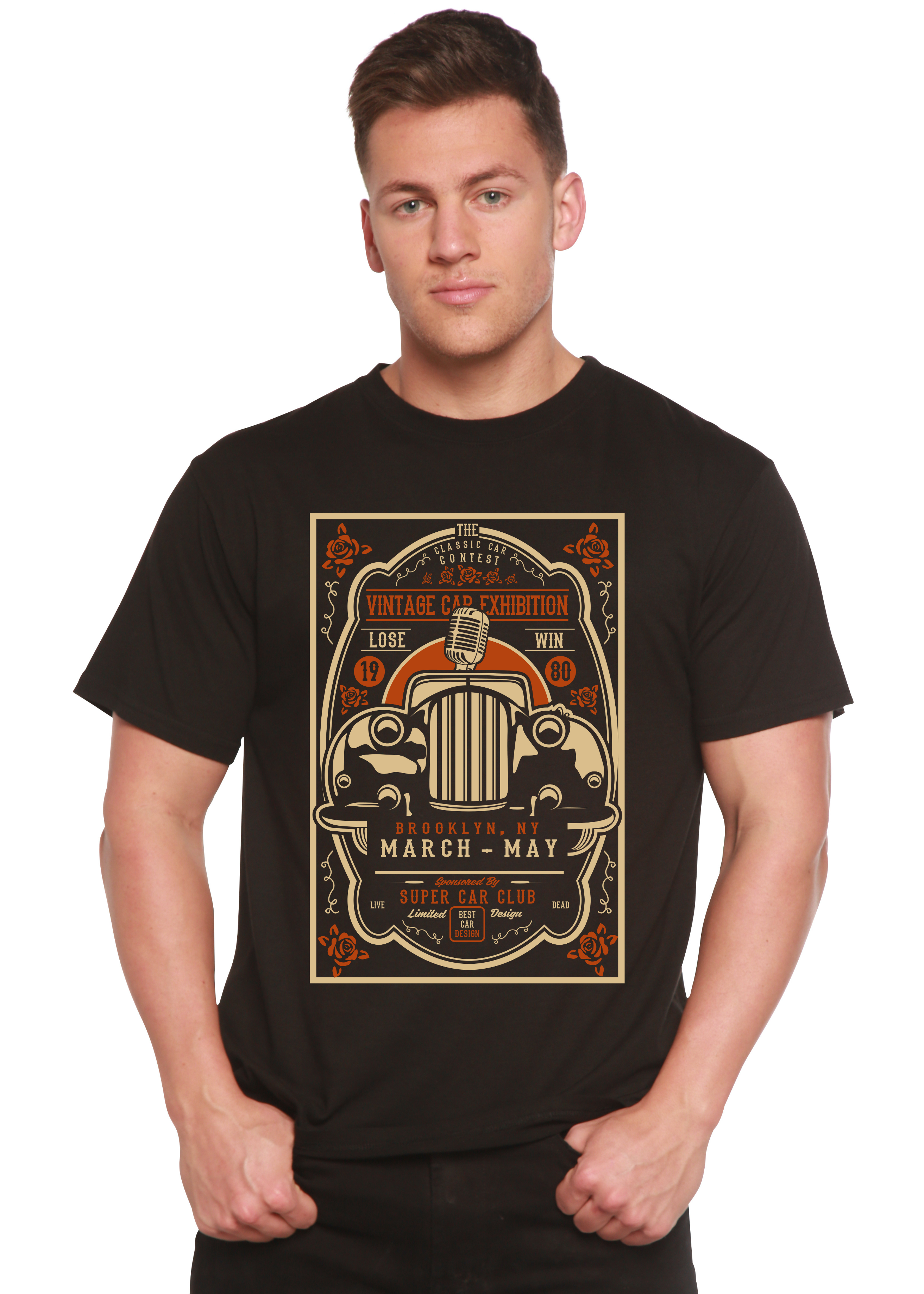 Person wearing a black t-shirt with a vintage car graphic design on a white background