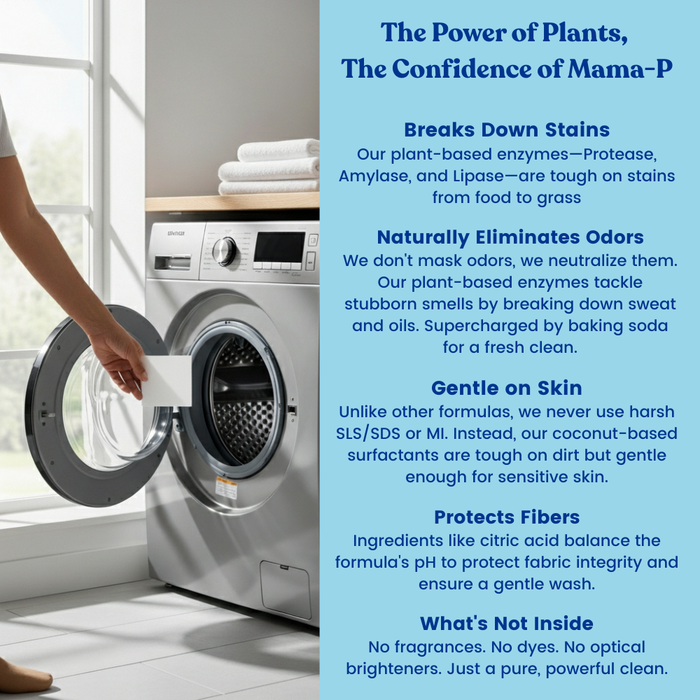 Person opening a washing machine with text about plant-based laundry detergent's benefits.