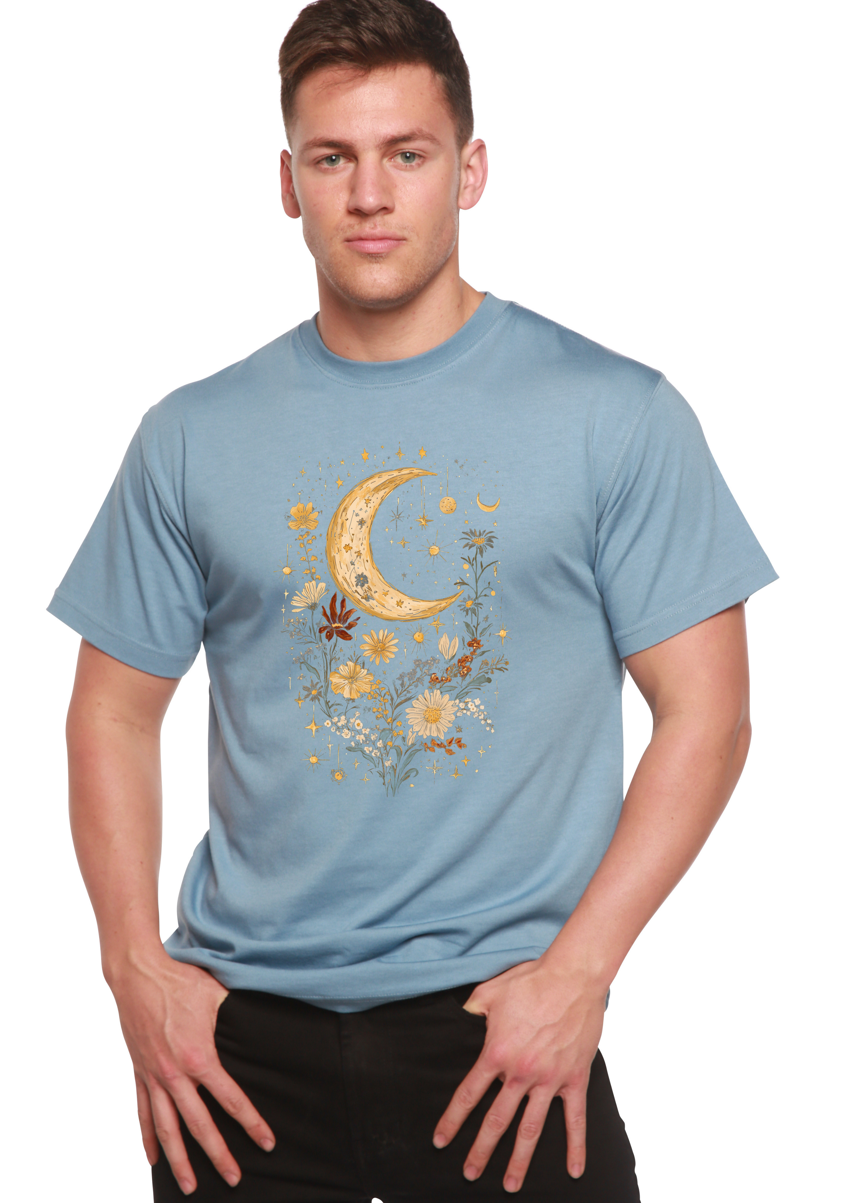 Person wearing a blue t-shirt with a moon and floral design on a white background
