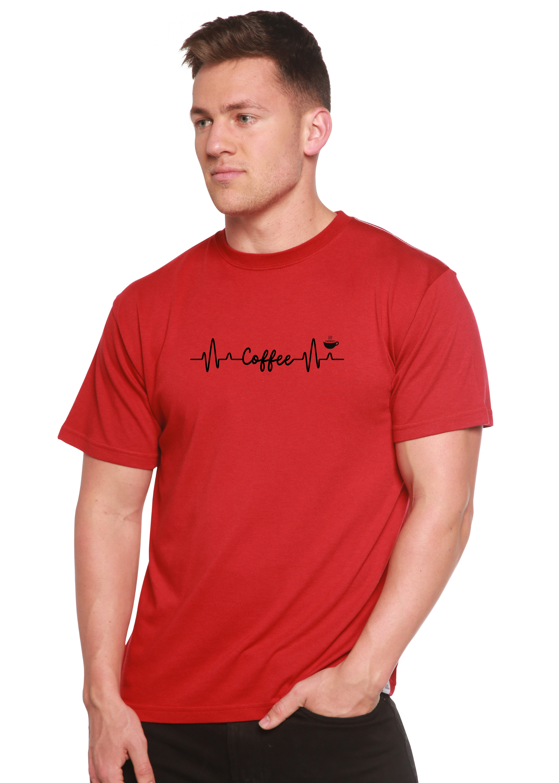 Person wearing a red t-shirt with a black  coffee-themed design on a white background