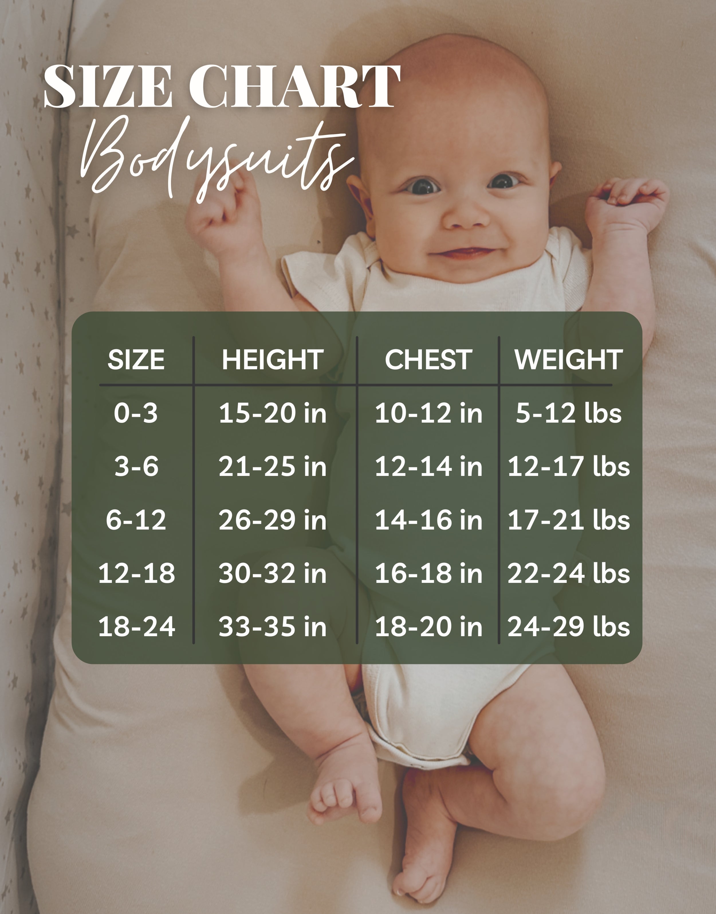 Baby in a onesie with a size chart overlay