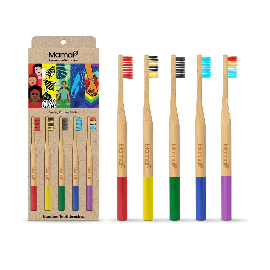 Set of bamboo toothbrushes with colorful bristle tips and packaging labeled 'MamaP'.