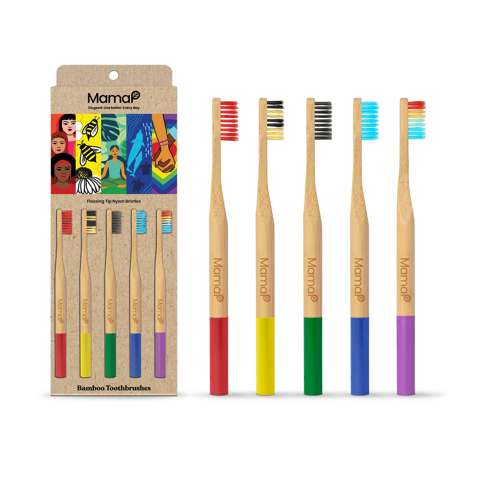 Set of bamboo toothbrushes with colorful bristle tips and packaging labeled 'MamaP'.