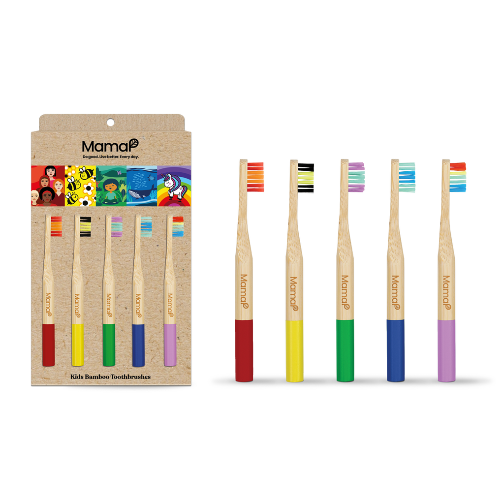 Set of colorful bamboo toothbrushes with packaging on a white background