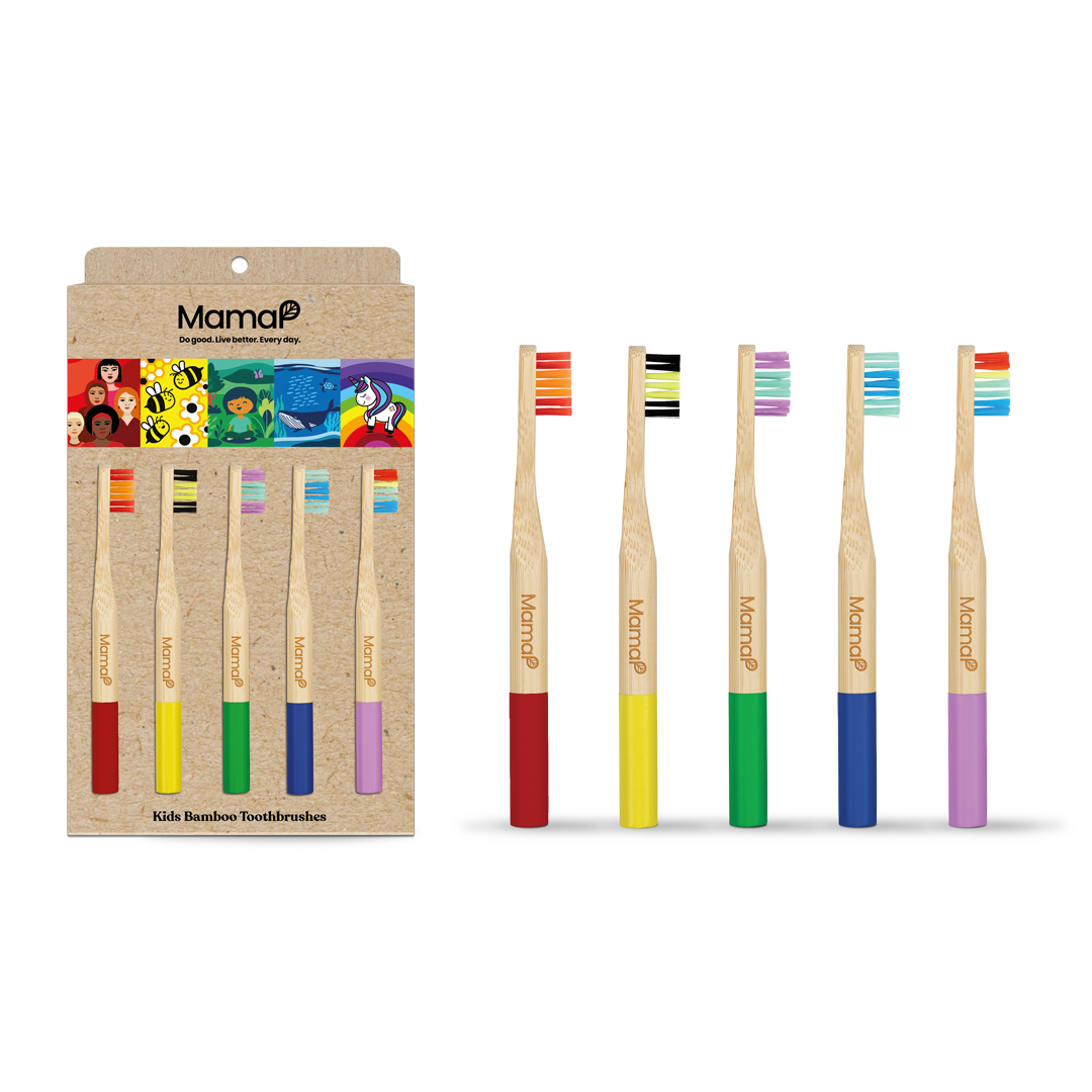 Set of colorful bamboo toothbrushes with packaging on a white background