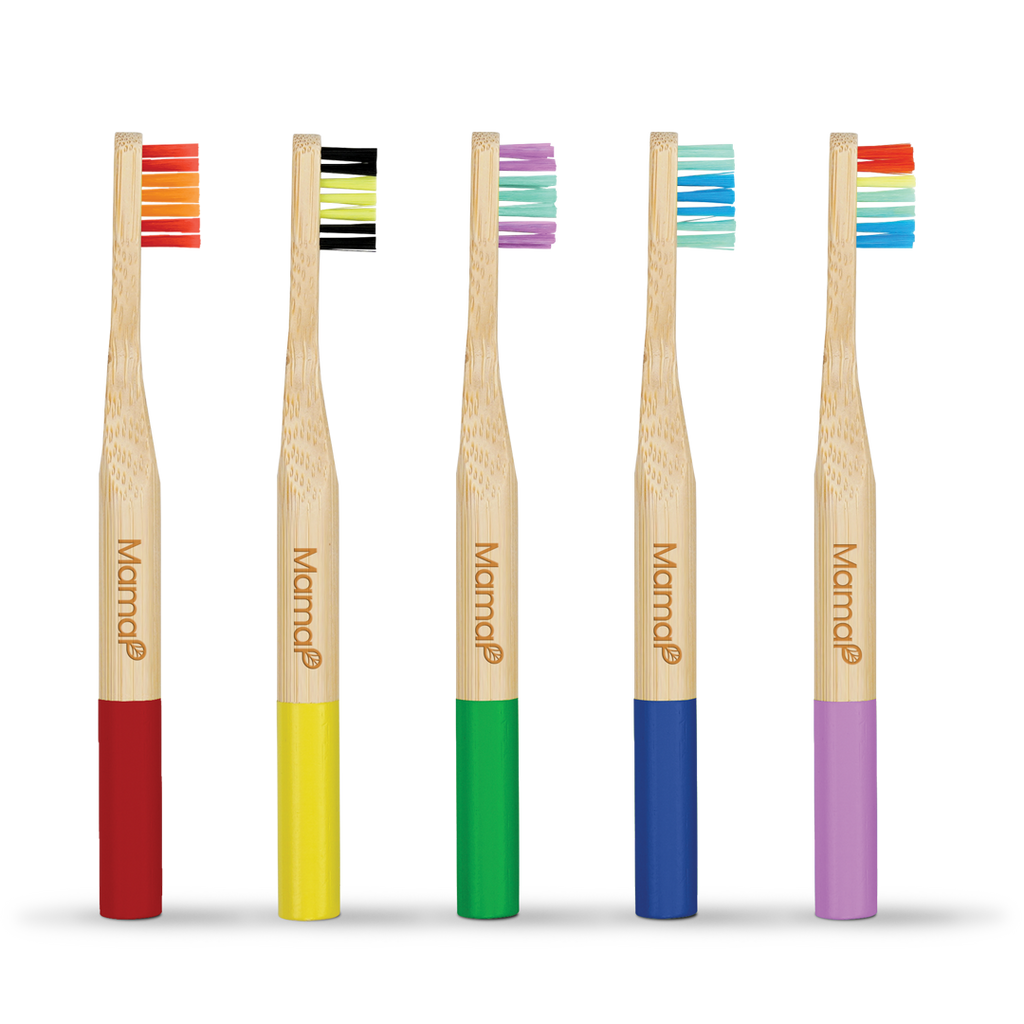 Five bamboo toothbrushes with rainbow bristle colors on a white background