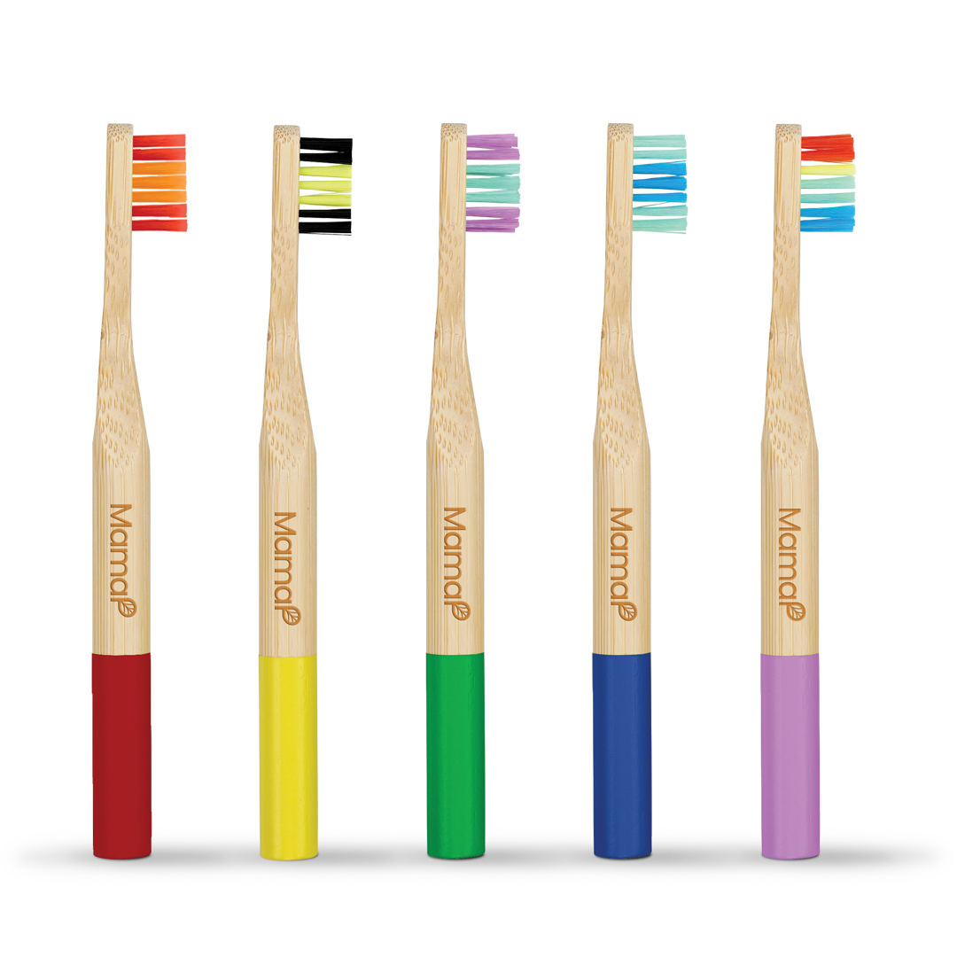 Five bamboo toothbrushes with rainbow bristle colors on a white background