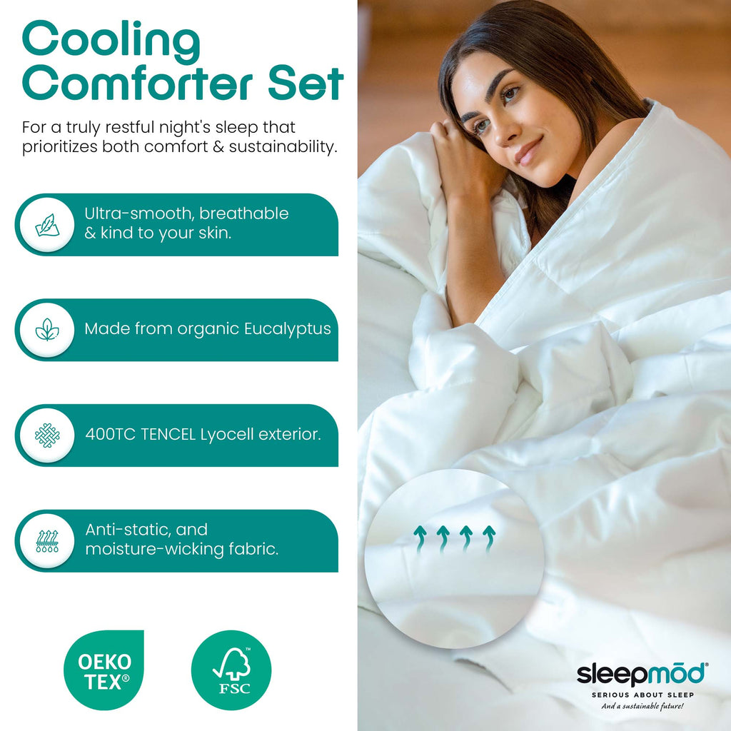 Woman wrapped in a cooling comforter set with product features and sleepmod branding.