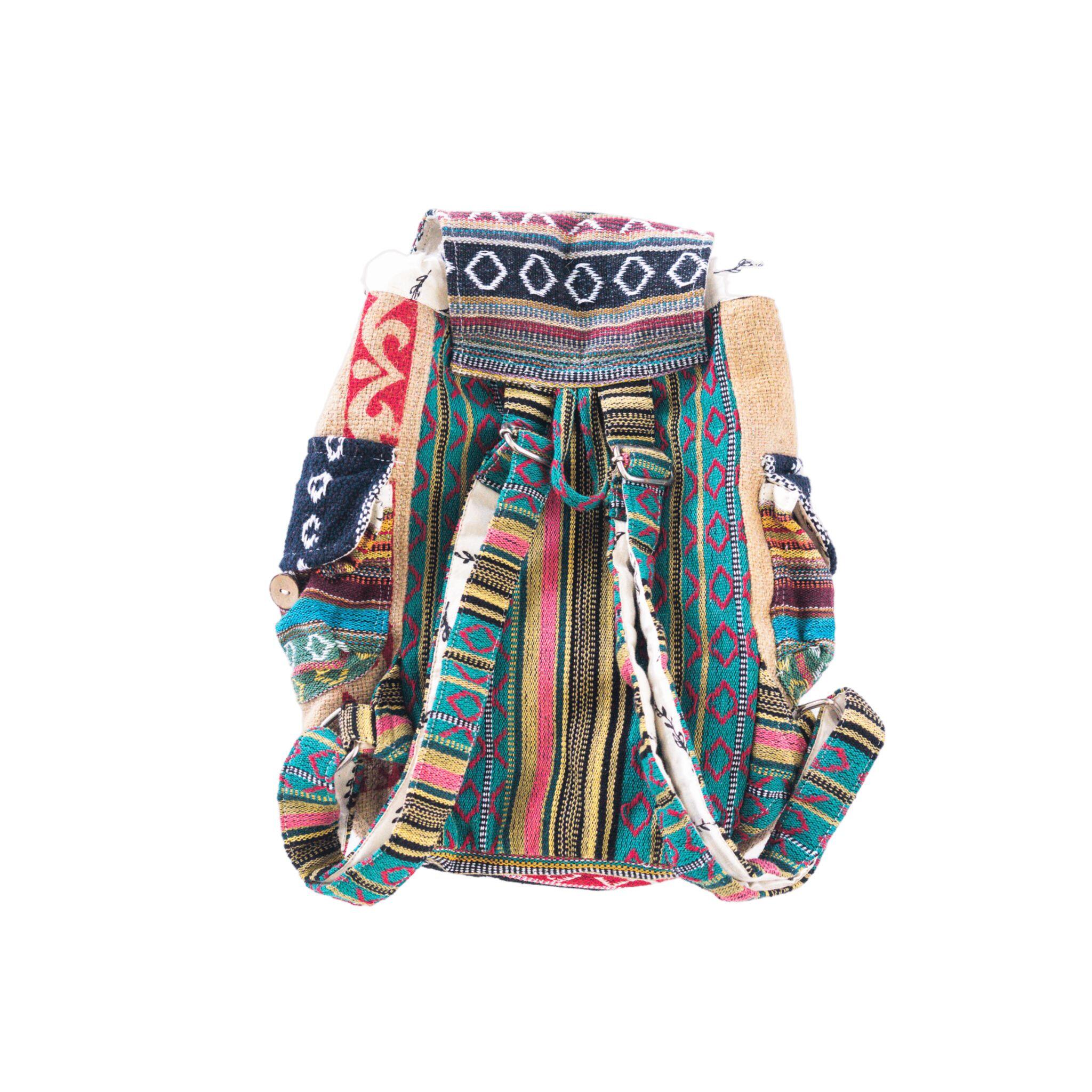 Colorful patterned small backpack with drawstring on a white background