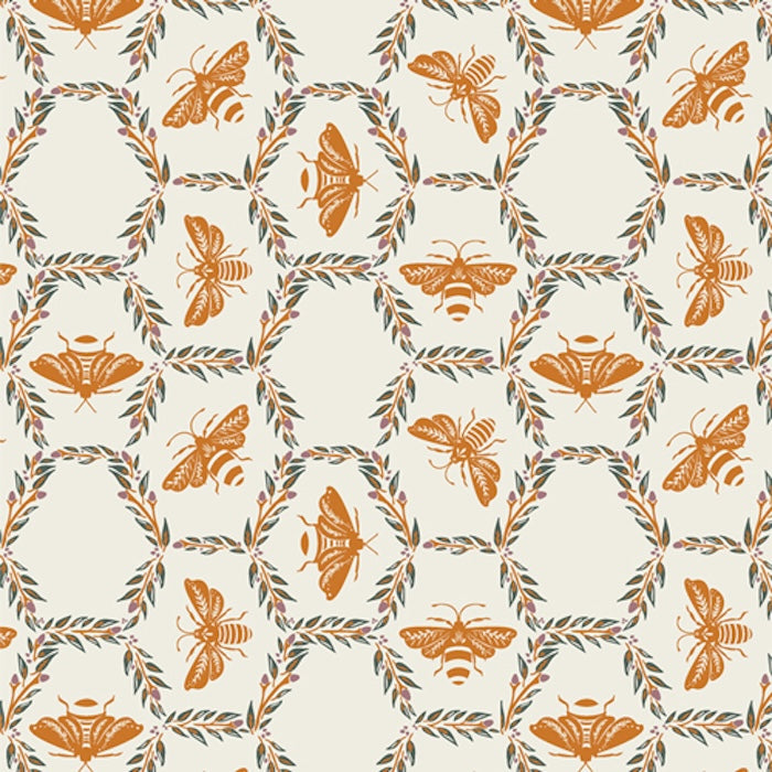 Pattern of orange bees and leaves on a white background